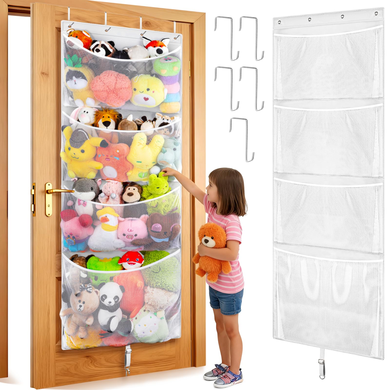 Contenitore per animali di peluche da appendere, grande organizer per giocattoli di peluche con gancio in metallo, idea per asilo nido, borsa a rete per bambole e orsi, per camera dei
