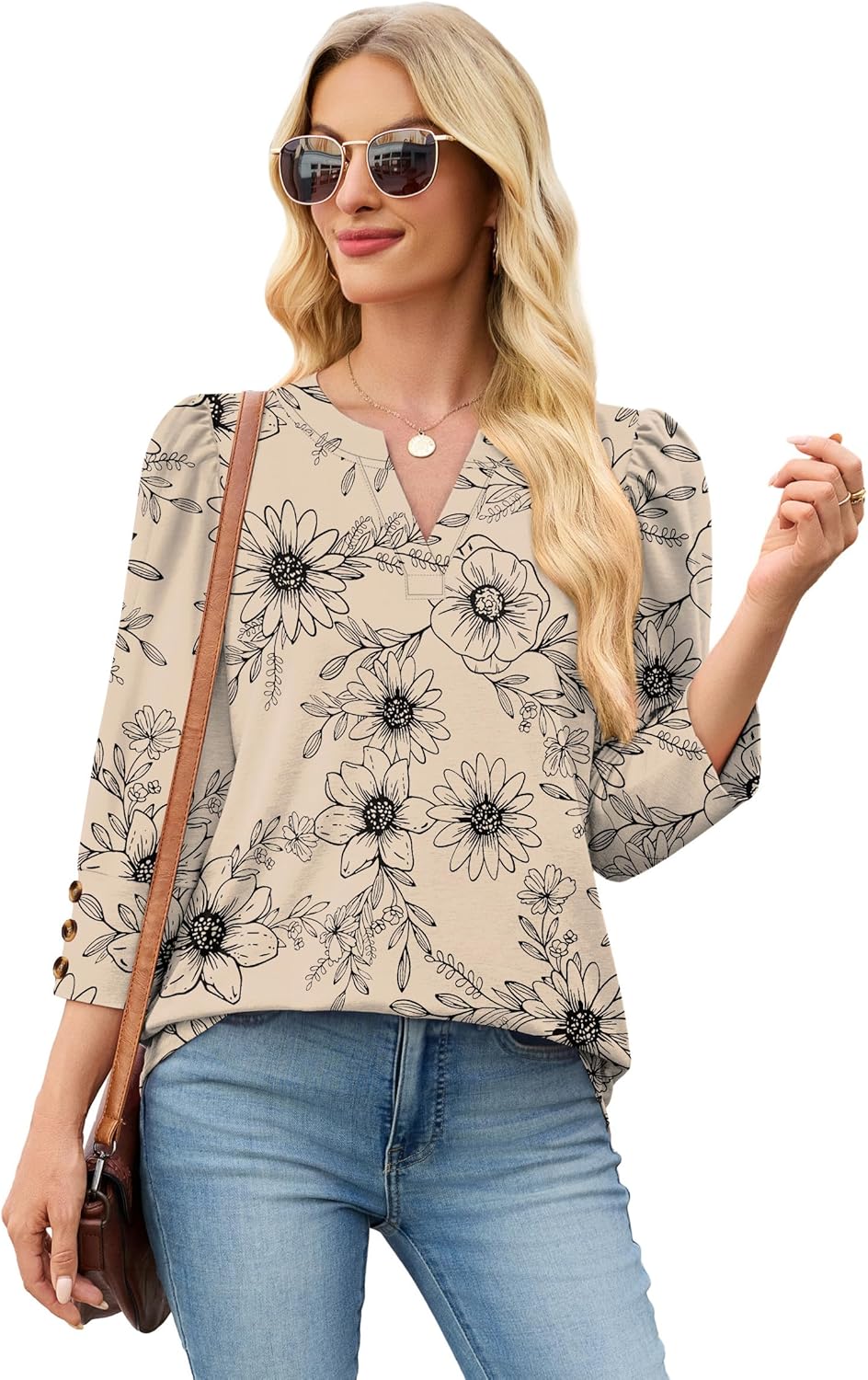 WIHOLL 3/4 Length Sleeve Womens Tops with Button Cuffs Dressy Casual V Neck Summer Outfits Early Fall Fashion Spring Clothes - Image 3