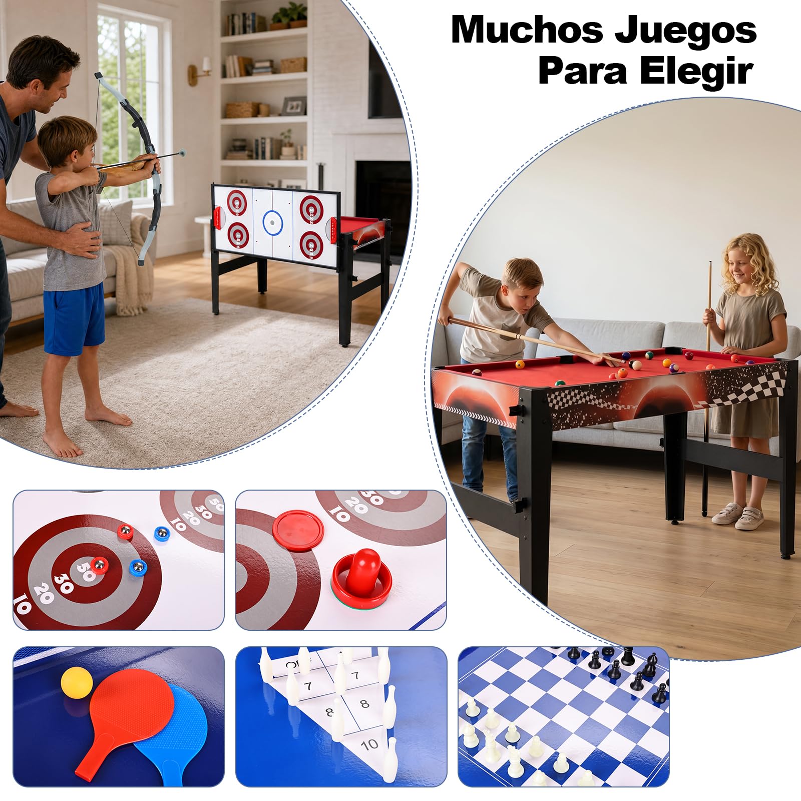 Mesa multijuegos 14en1 122cm Billar Ping Pong Air Hockey | Mesa de Juegos,Basket,Bowling,Ajedrez,Tiro con arco.Tableros apilables,madera,accesorios,ideal para familia.