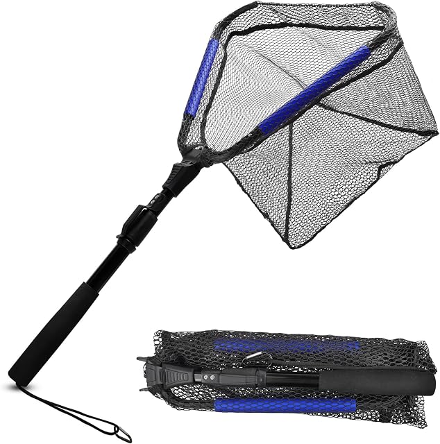 Telescopic Fishing Landing Net Folding Fishing Net with Float Foam,Collapsible Dip Net Aluminum Pole Handle Foldable Fising Net for Freshwater Saltwater Bass Trout Steelhead Salmon