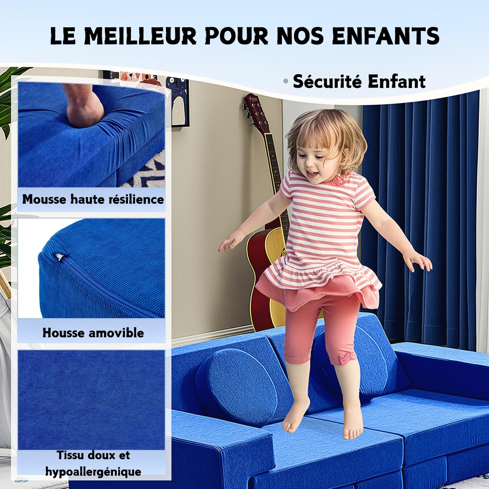 LALAHO Canape pour Enfant Modulaire，Chauffeuse 2 Places，Chauffeuse & Canapé Convertible Enfant，Velours Côtelé，Librement Combinable，pour Chambre d'enfant, Salle de Jeux，Chambre à Coucher（Bleu）