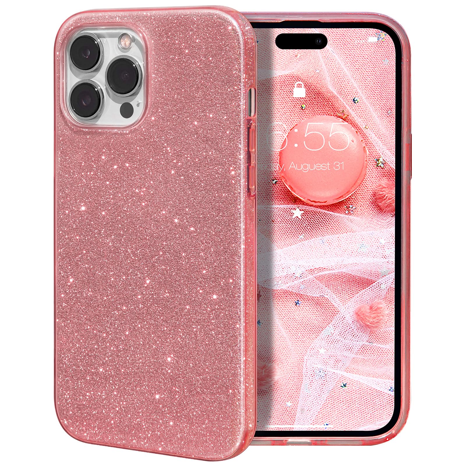 MILPROX Compatible with iPhone 15 Pro Max Case - Sparkly Glitter Bling Design - 3 Layers Slim Shockproof Protective Bumper Phone Cover - 6.7" 2023 - Pink