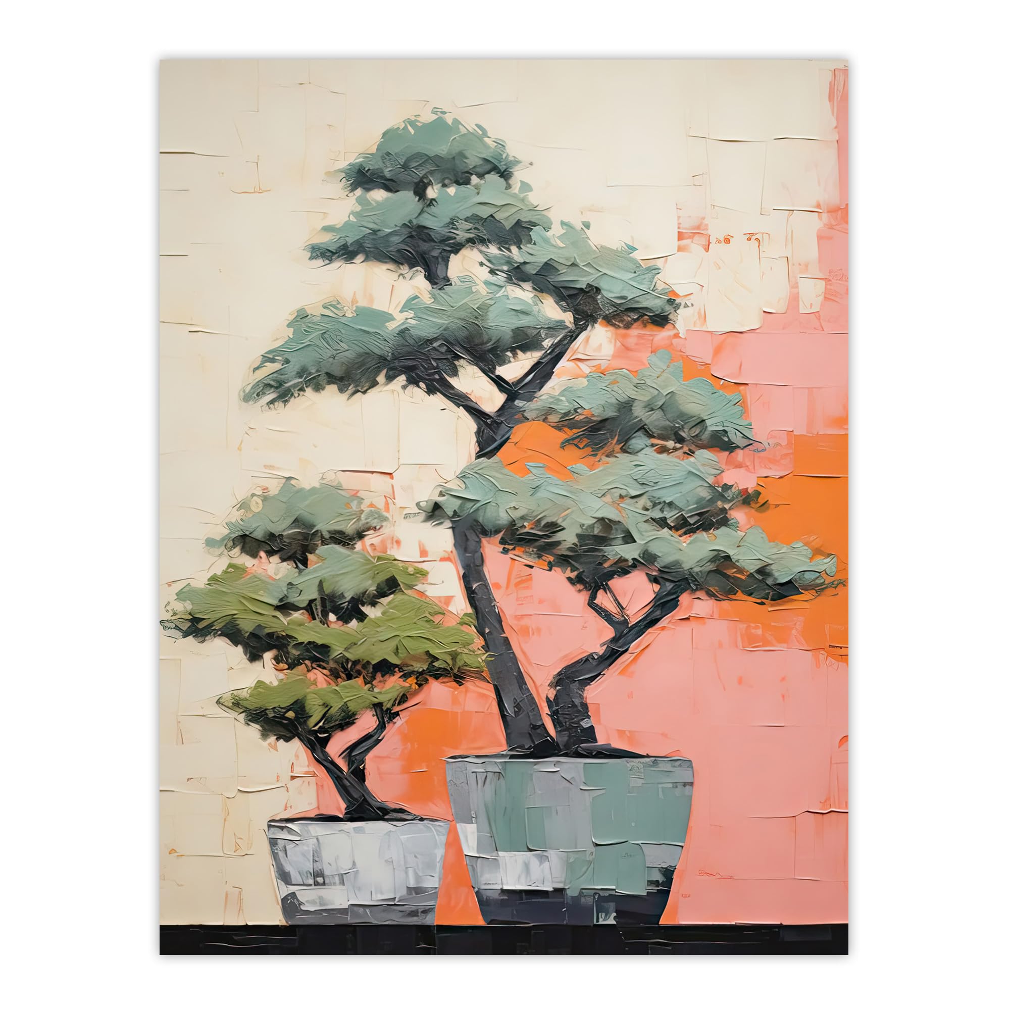Artery8 Two Japanese Bonsai Tree Plant Pots Thick Palette Knife Oil Painting Large Wall Art Poster Print Thick Paper 18X24 Inch