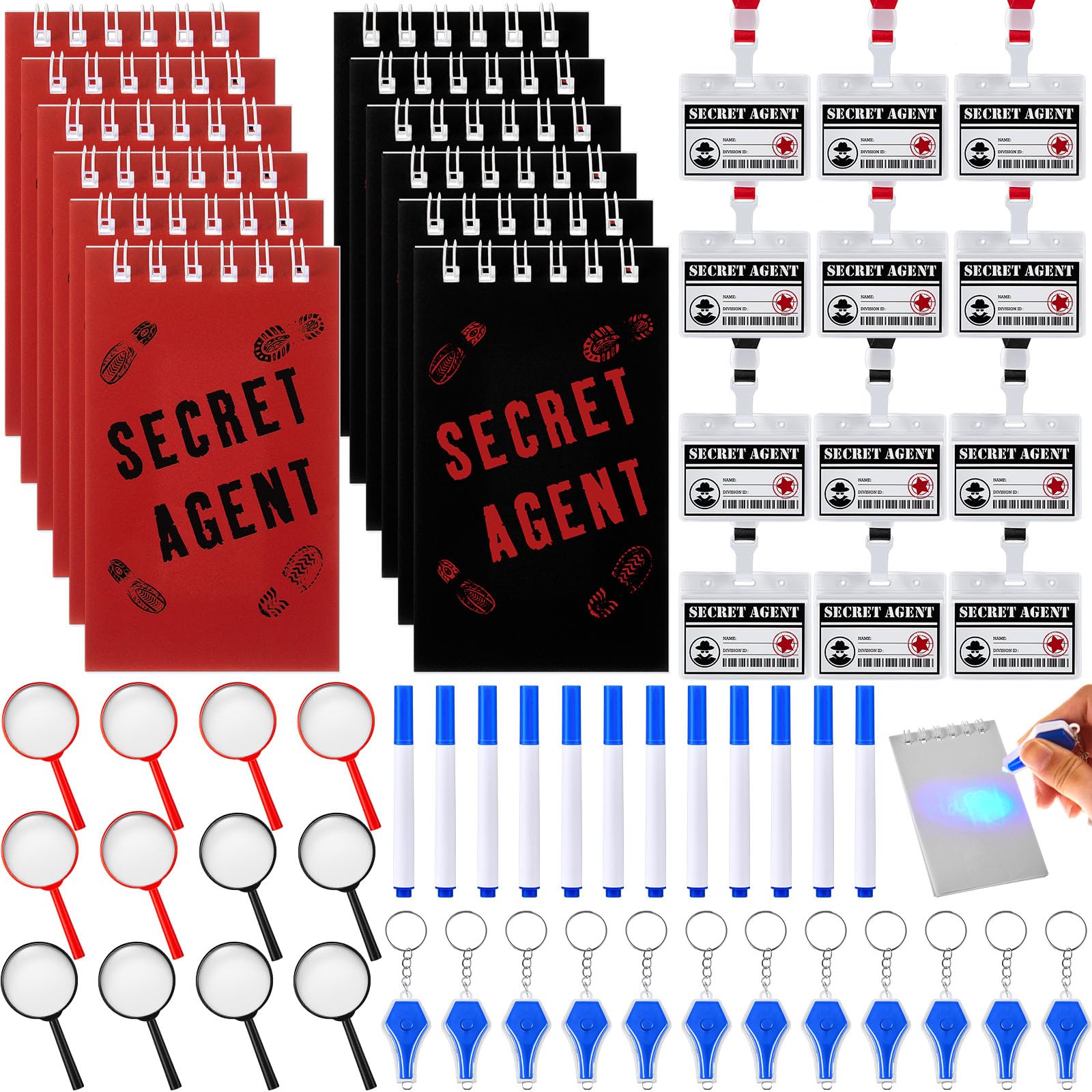 Fulmoon 60 Pcs Halloween Spy Detective Party Favors Include Invisible Ink Pens UV Mini Keychain Flashlight Spiral Mini Notebooks Secret Agent ID Card Holder Magnifying Glasses Mystery Party Supplies