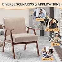 Vista 7 de Furnimart Silla decorativa beige, silla moderna de mitad de siglo para sala de estar con estructura de madera, silla de alas cómoda para oficina
