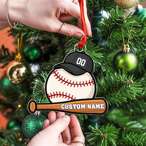 Miniatura 6 de Adornos circulares personalizados para niños con béisbol en sus corazones, adornos de cerámica para árbol de Navidad, decoración de pino colgante,