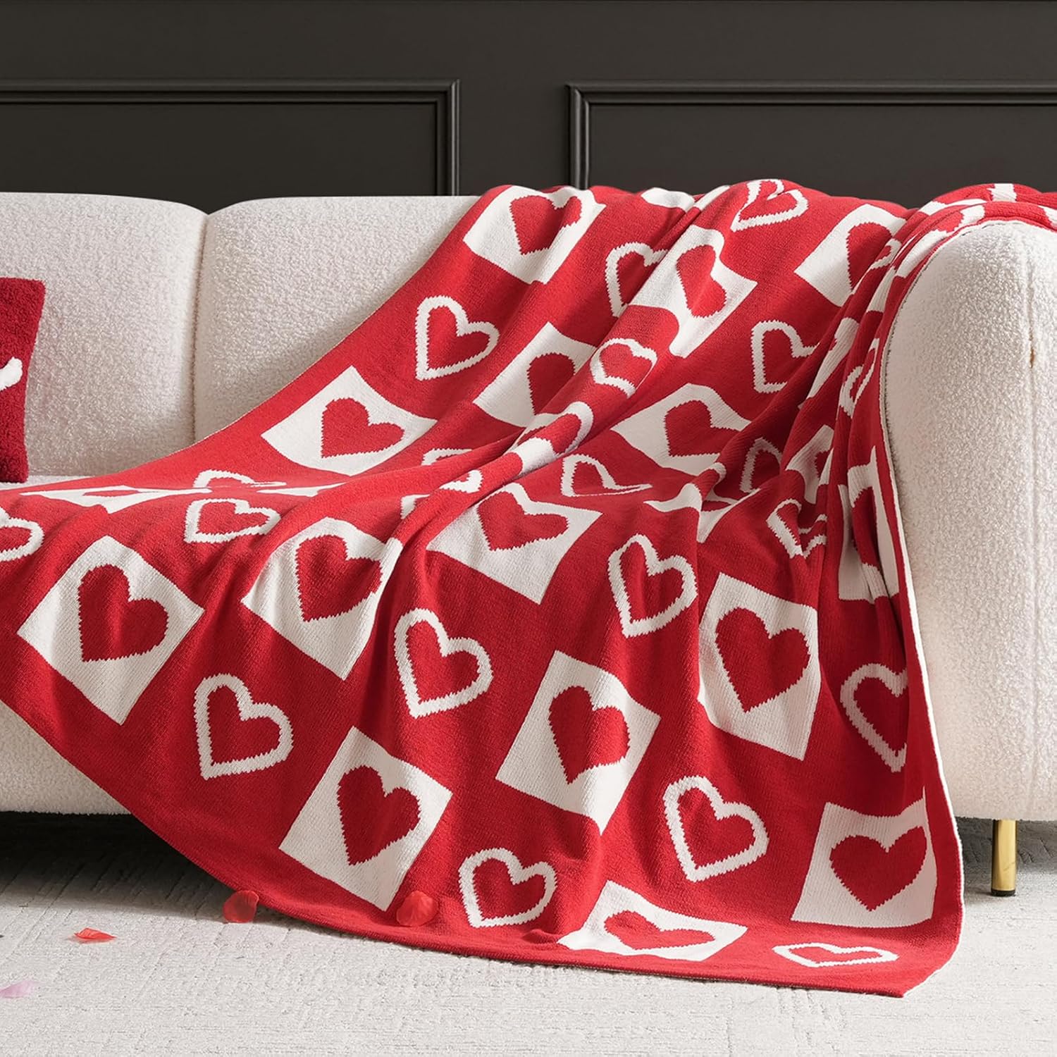 Amelie Home SuperCozy Jacquard Knit Chenille Throw Blanket, Heartful Aesthetic Gift for Valentine's Day, Easter Day & Mother's Day, 50"x60", Red/White Heart Checkerboard
