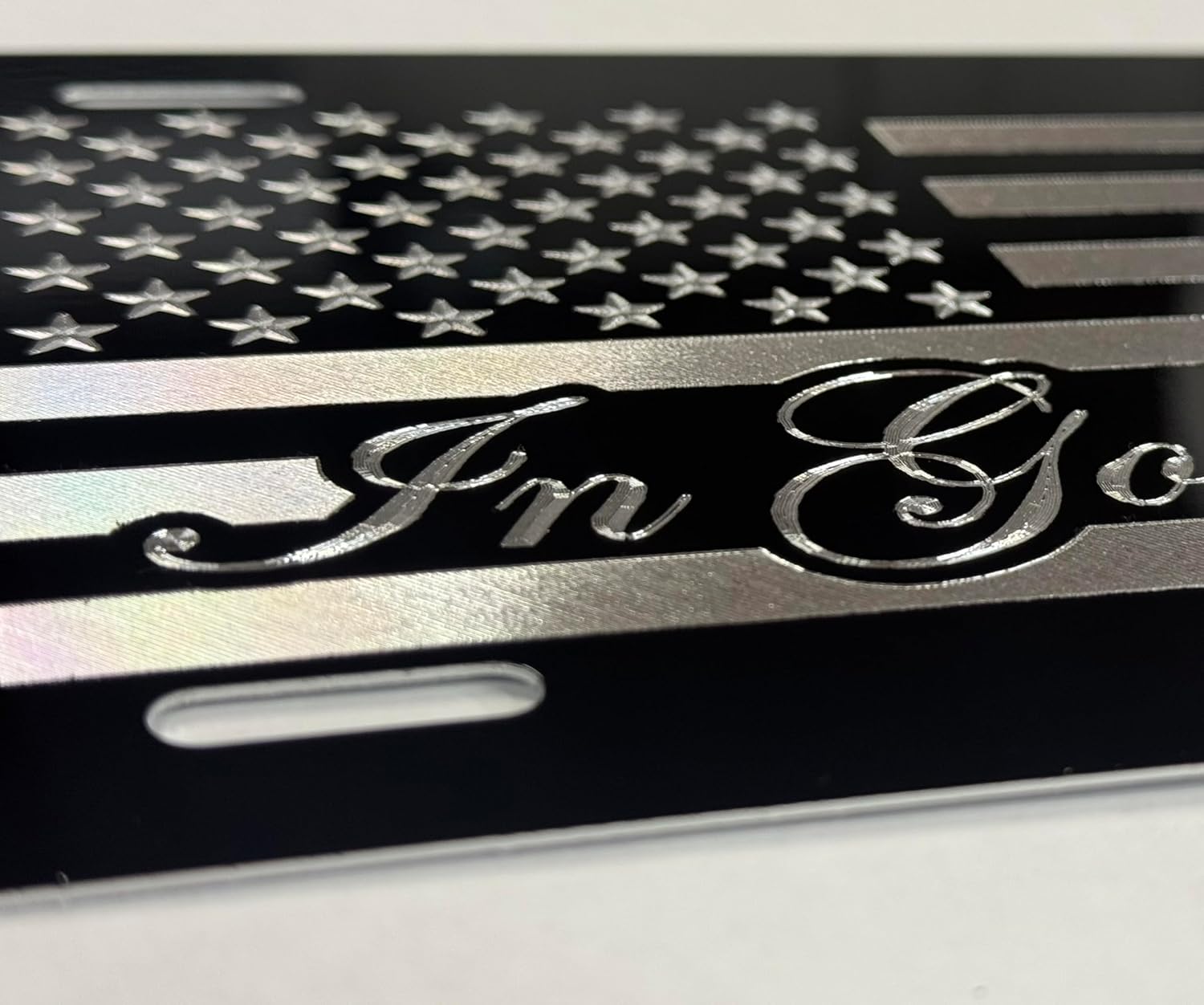 Engraved in GOD WE Trust Car Tag Silver Diamond Etched on Black Aluminum Vanity Front License Plate