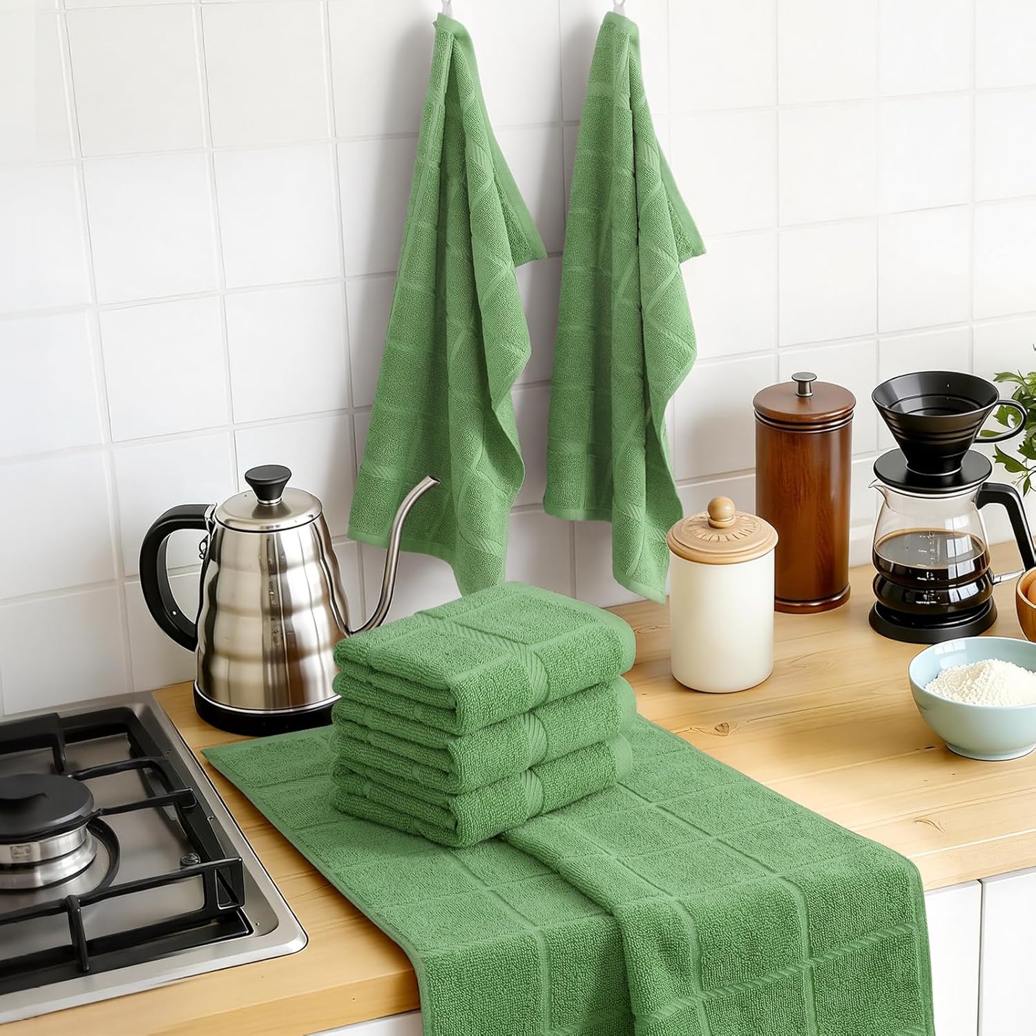 Homaxy Premium Kitchen Towels 18"x28", 4 Pack Large Cotton 380 GSM Dish Towels, Soft and Absorbent Kitchen Hand Towels with Terry Grid Design, Utility Tea Towel Set with Hanging Loop, Grass Green