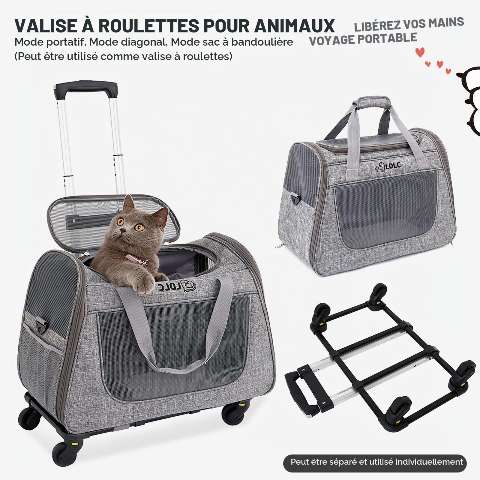 PETCUTE Sacs de Transport pour Chiens Chats,Caisse de Transport Chat Chien avec Poignée au Manche Télescopique et Roues Amovibles,Sac De Transport Chat avec Tapis en Laine,Bandoulière Réglable