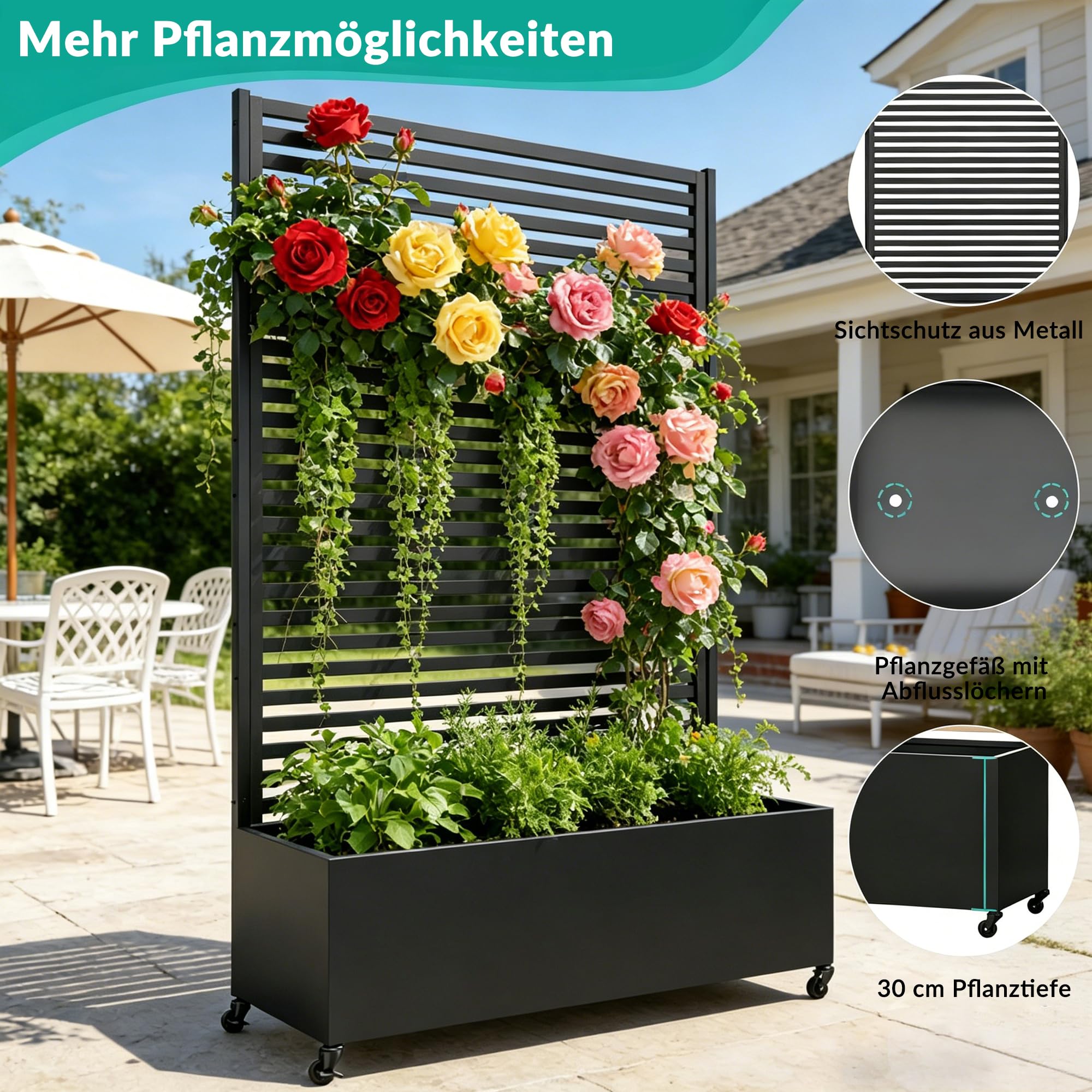 Pflanzkasten aus Metall für den Außenbereich mit Spalier, Hochbeet aus Metall mit Rad, freistehender Sichtschutz-Pflanzkasten für Blumen, Gemüse im Garten, auf der Terrasse, auf dem Balkon