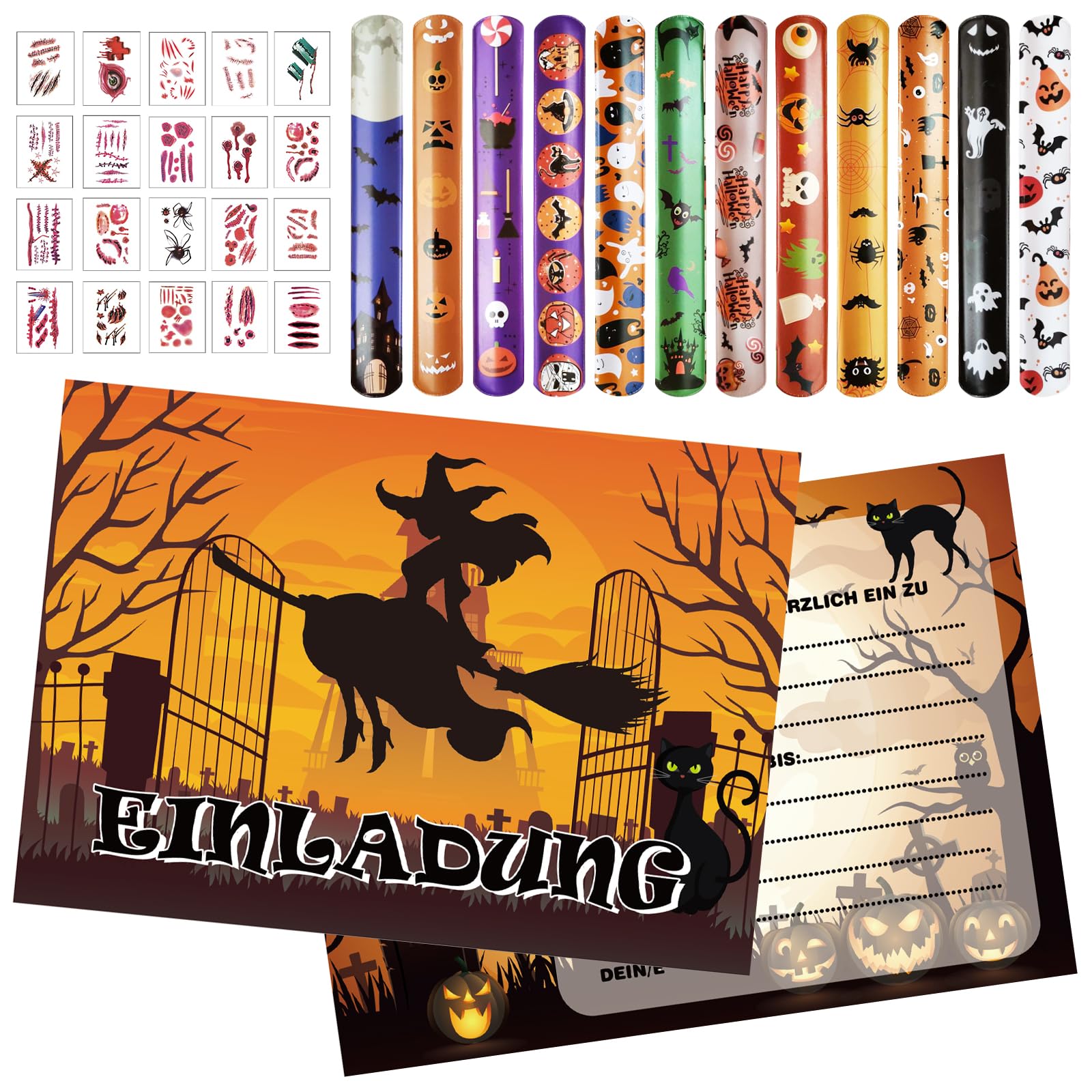Capgoost Halloween Einladungskarten Kinder, Halloween Party Einladungen Geist, Halloween Party Set, 12 Einladungen, Kinder Geburtstag Einladung, 12 Schnapparmband und 20 Tattoos für Halloweenparty