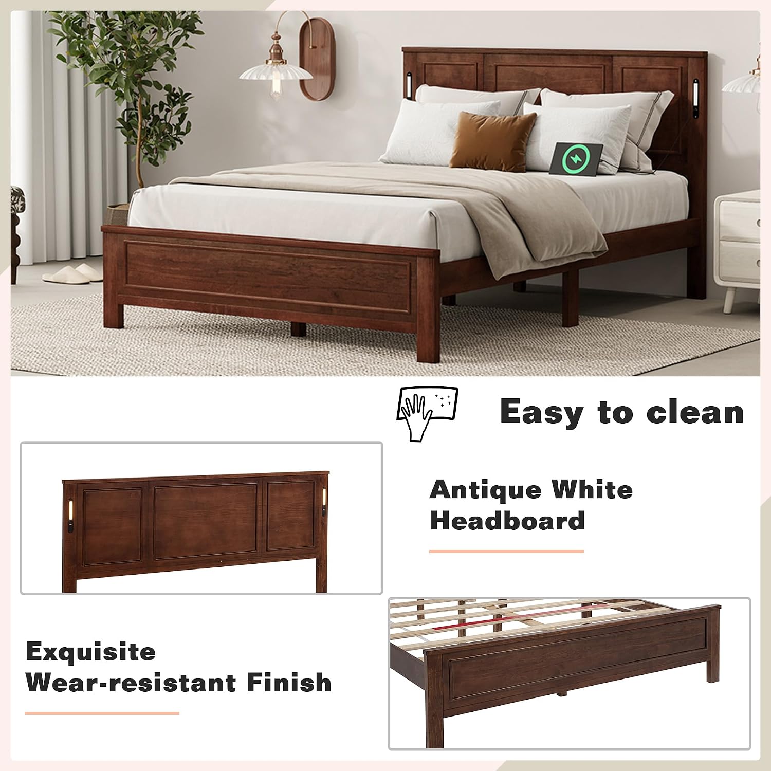 JIVOIT Farmhouse Style Queen Size Bed with Tall-Panel Headboard & Footboard, Under-Bed Storage, Platform Pinewood Bed with Strengthened Bed Frame, No Box Spring Needed (Walnut/Queen/72)