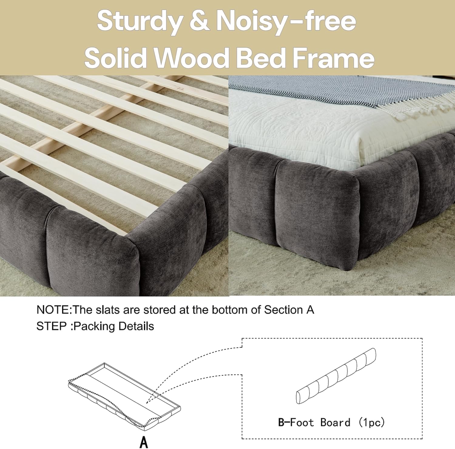 King Size Upholstered Bed Frame with Thick Fabric Headboard, Soft Chenille Platform Bed with Solid Frame, No Box Spring Needed, Modern Grounded Bed for Bedroom, Easy Assembly, Dark Grey