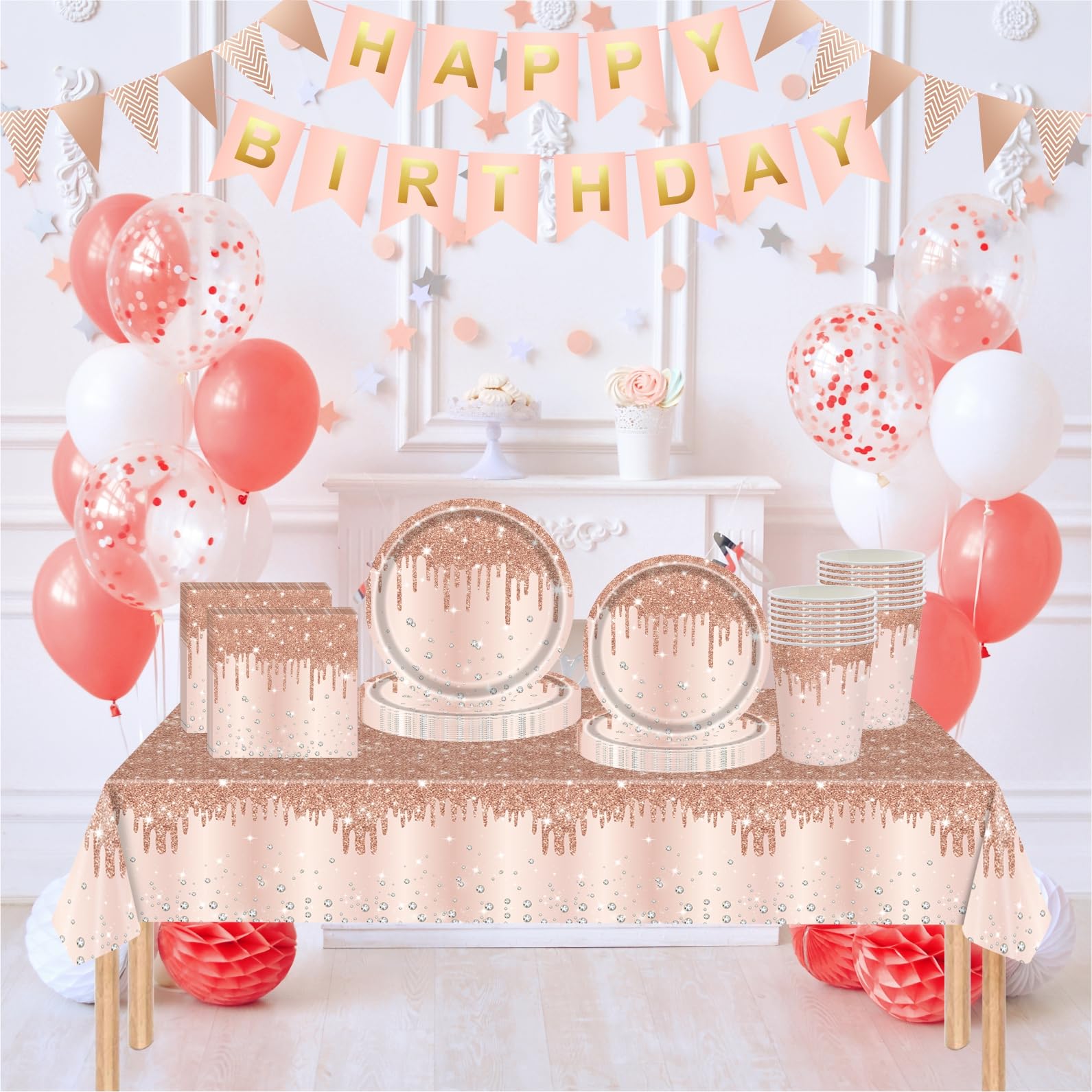 83pcs Rose Gold Diamond Theme Disposable Party Tableware Set, Rosegold, 83 Piece Set - Image 4