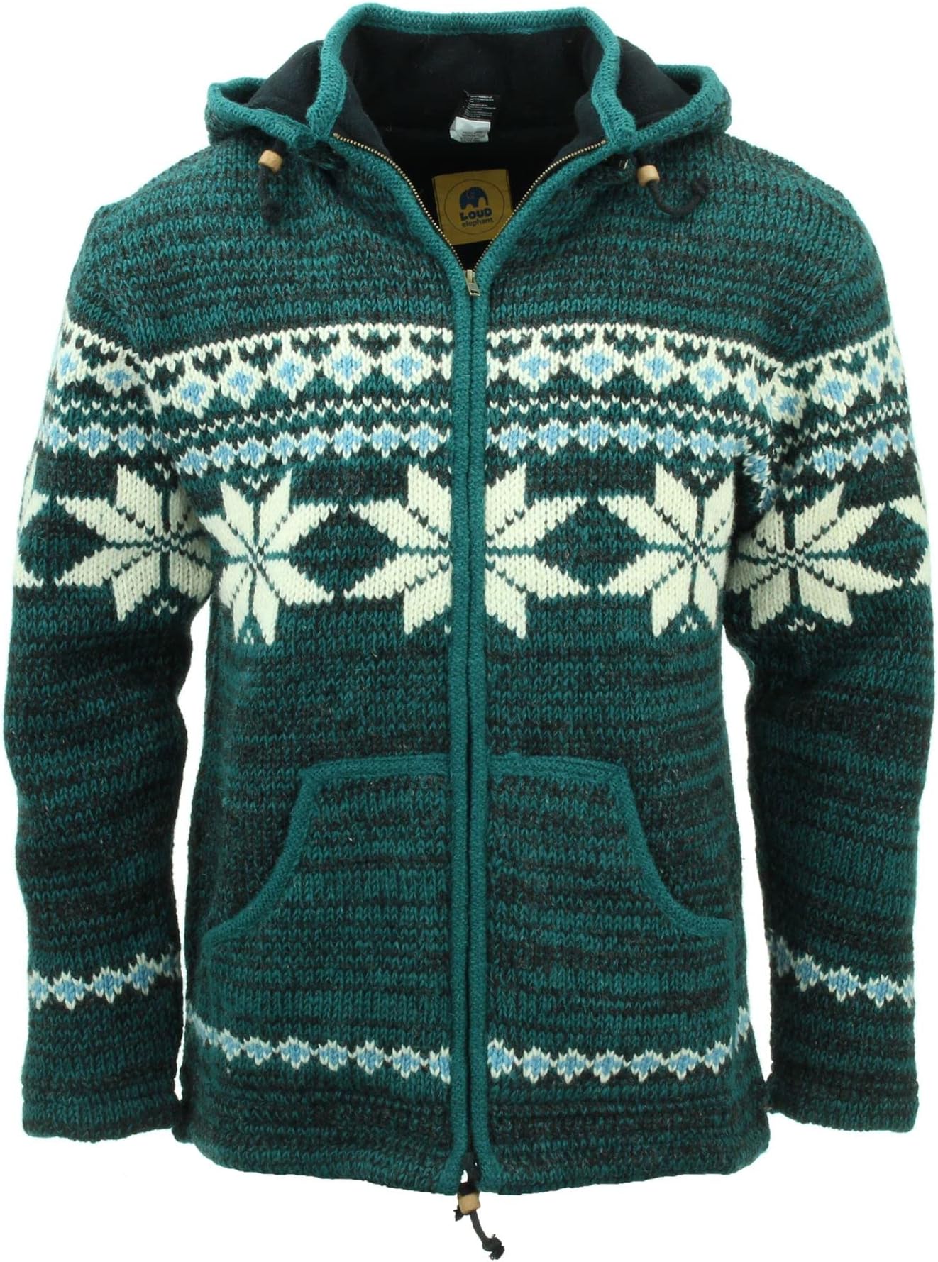 LOUDelephantHand Knitted Wool Hooded Jacket Cardigan Unisex Mens Womens Fleece Lined Zip Removeable Hood Hoodie Nepal 100% Pure for Winter Layering Warm Warmth Outdoors Activity Hiking