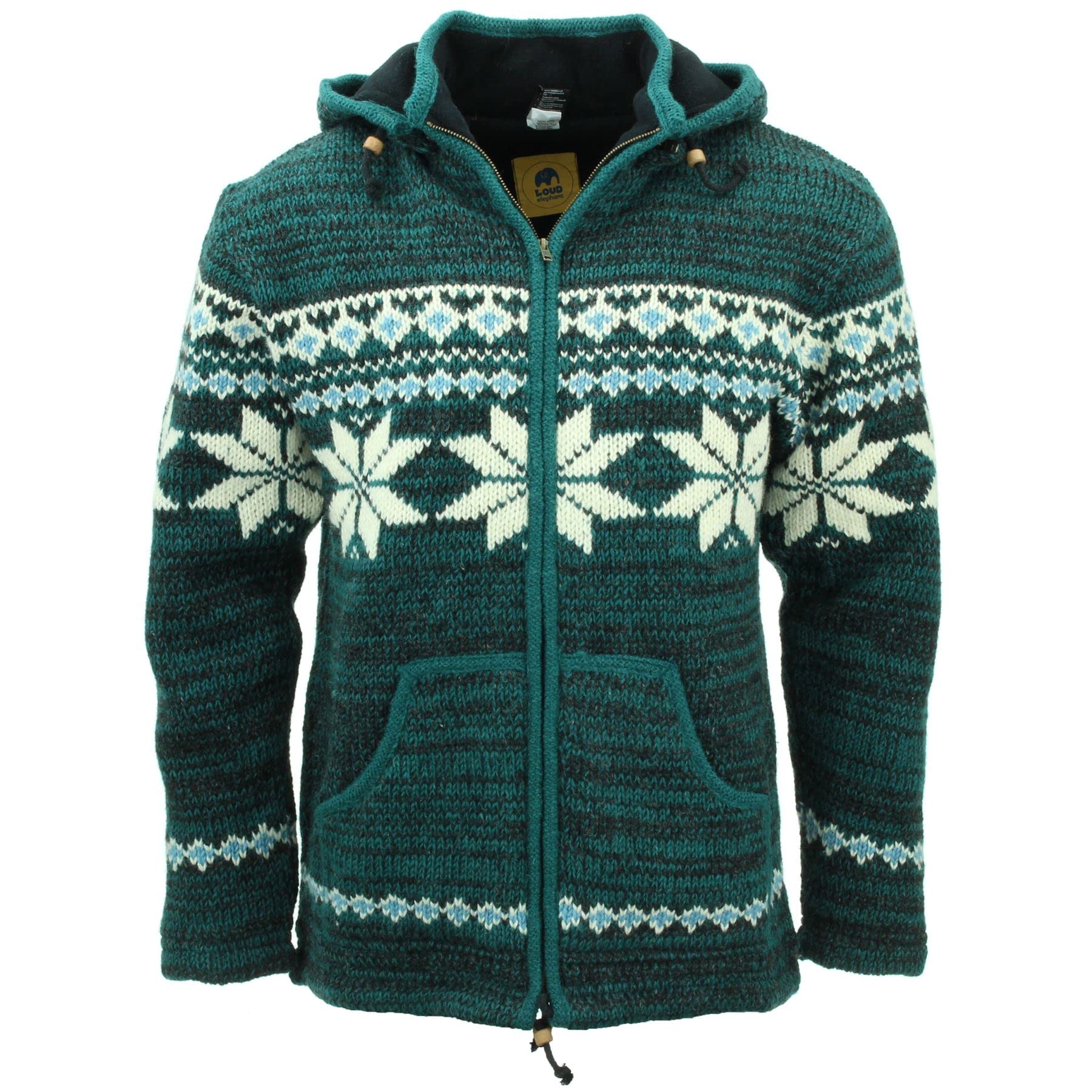 LOUDelephantHand Knitted Wool Hooded Jacket Cardigan Unisex Mens Womens Fleece Lined Zip Removeable Hood Hoodie Nepal 100% Pure for Winter Layering Warm Warmth Outdoors Activity Hiking