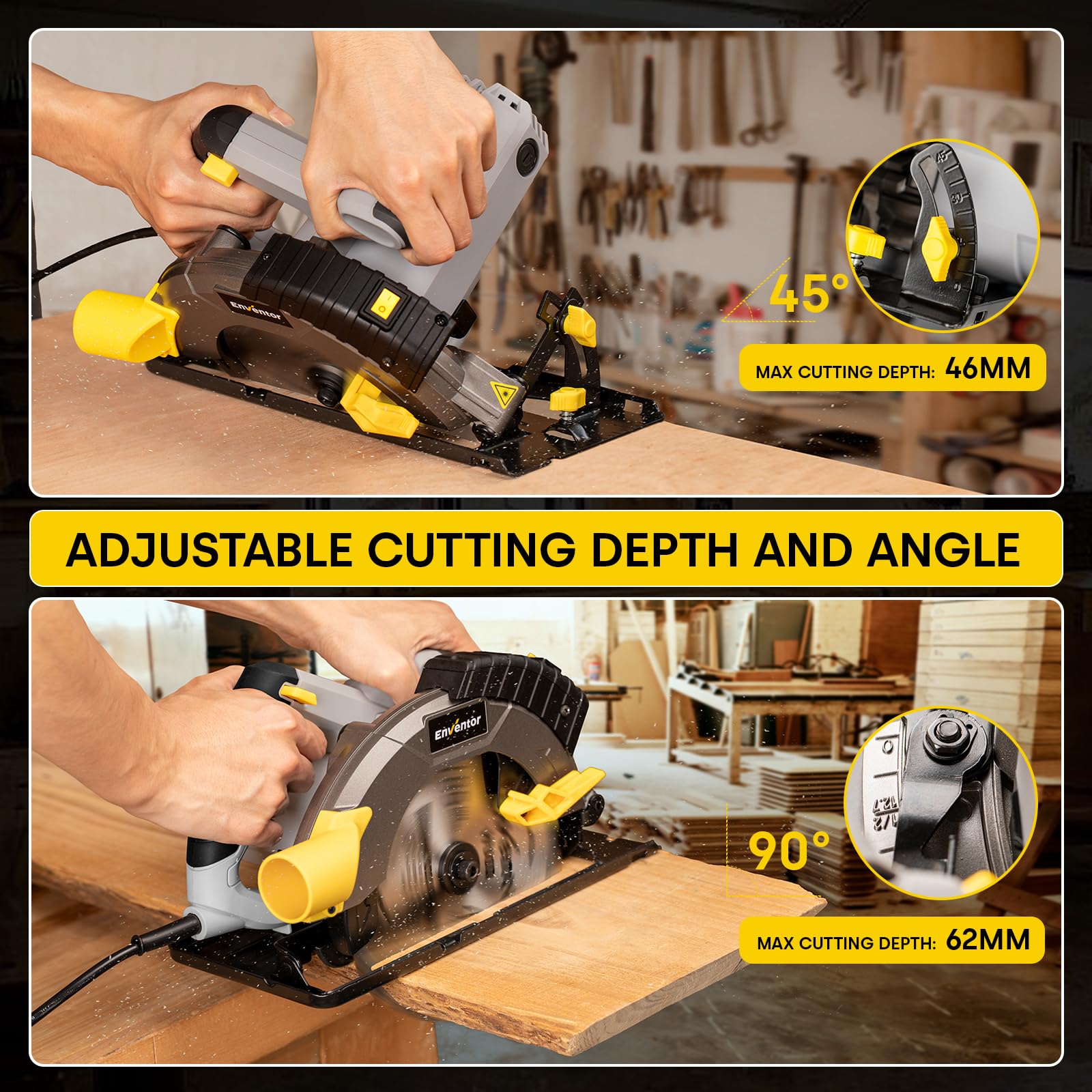 ENVENTOR 1650W Scie Circulaire, 5500RPM Scies Circulaires Électriques Filaire, Moteur Puissant, coupe 62 mm (90 °), 46 mm (45 °), (Diamètre de Lame de Scie : 185 mm), pour Bois, PVC