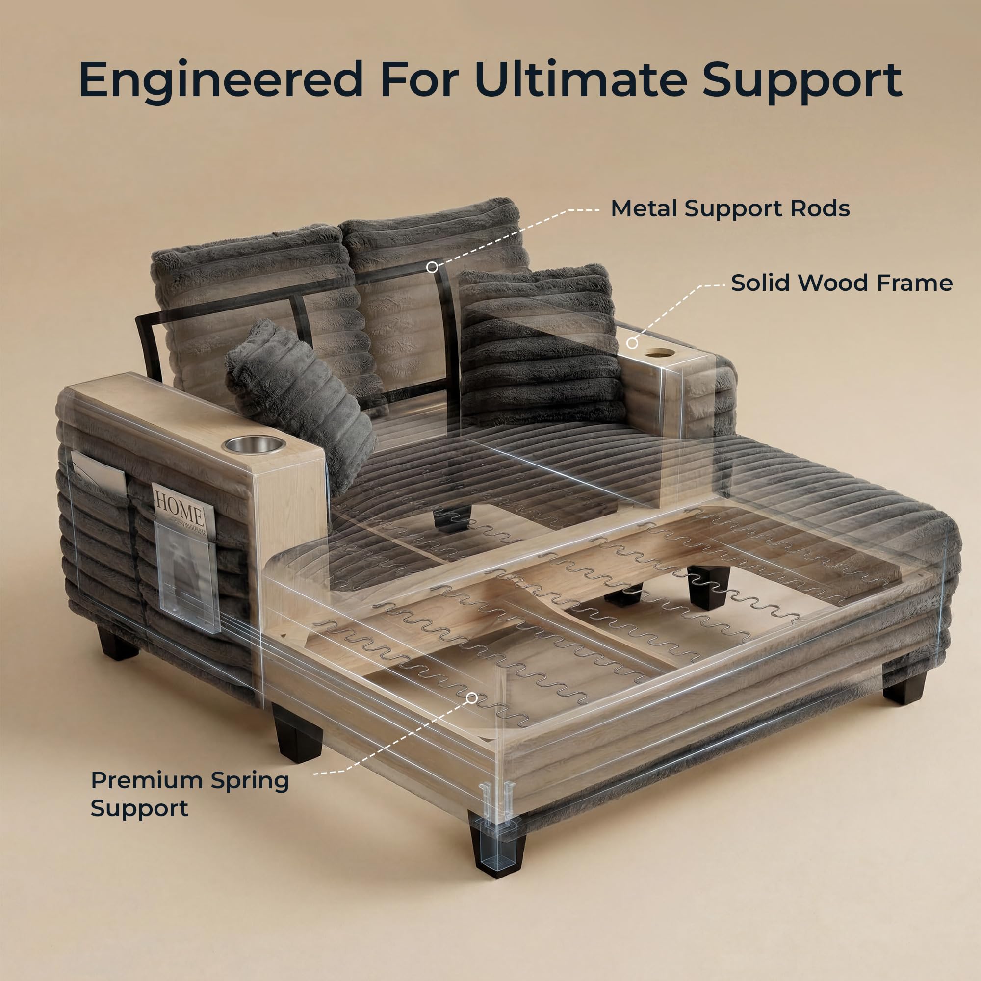163cm Chaiselongue Sofa mit Massivholzrahmen, Big Loungesofa mit Liegefunktion für Wohnzimmer & Lese-Ecke, Einzelsessel aus Plüsch-Cord mit 2 Getränkehaltern & 4 Seitentaschen, 2 Sets Sofa-Füße, Grau