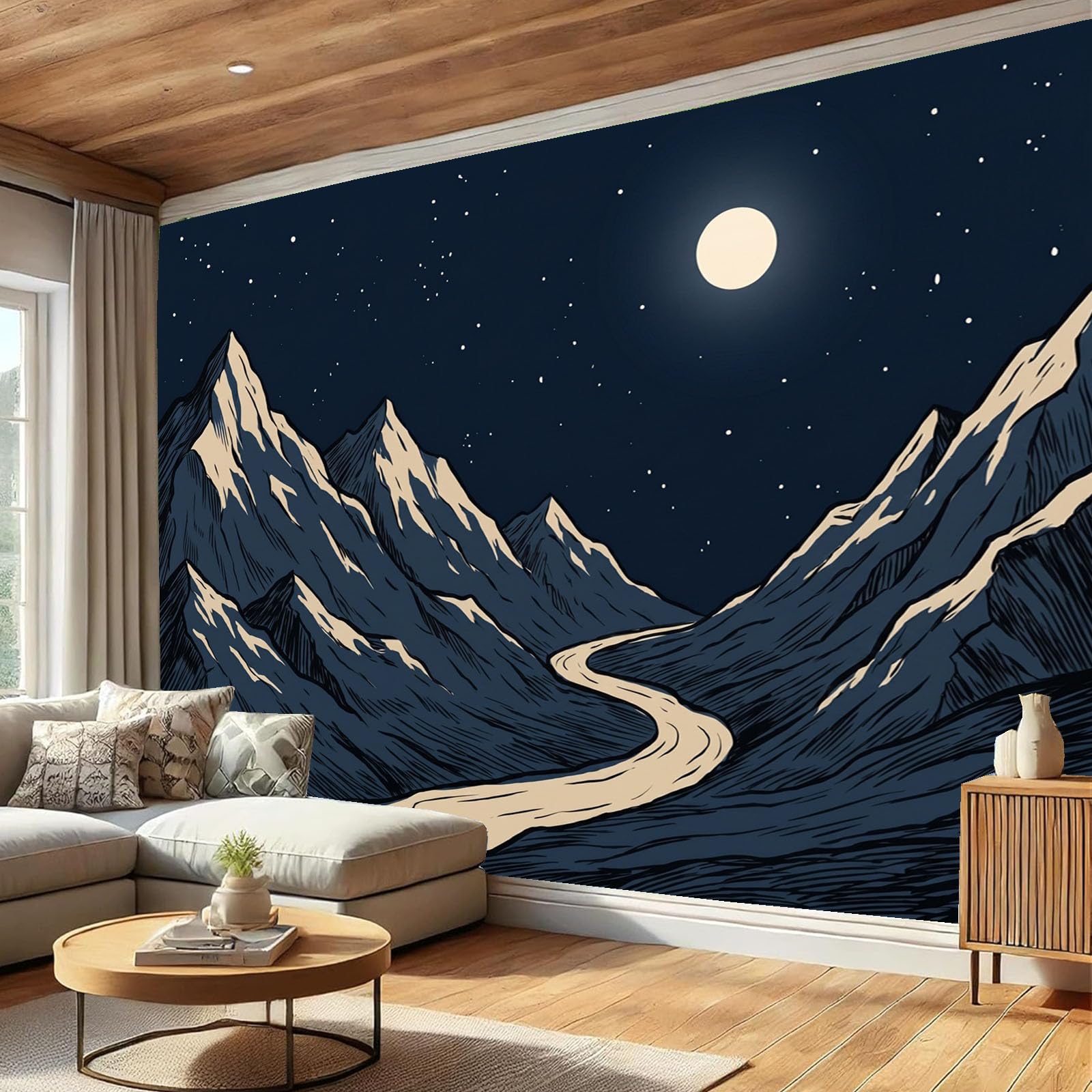 Papier peint panoramique nuit lune au sommet montagne de 200 x 140 cm bleu marine foncé