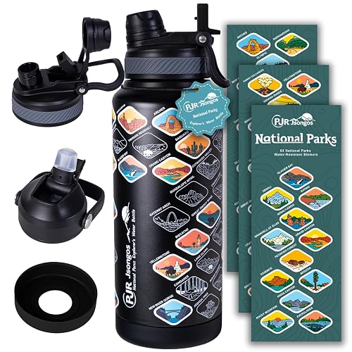 National Parks Water Bottle with 63 Waterproof Stickers – 32 oz Insulated Stainless Steel Bottle, 2-IN-1 Lid