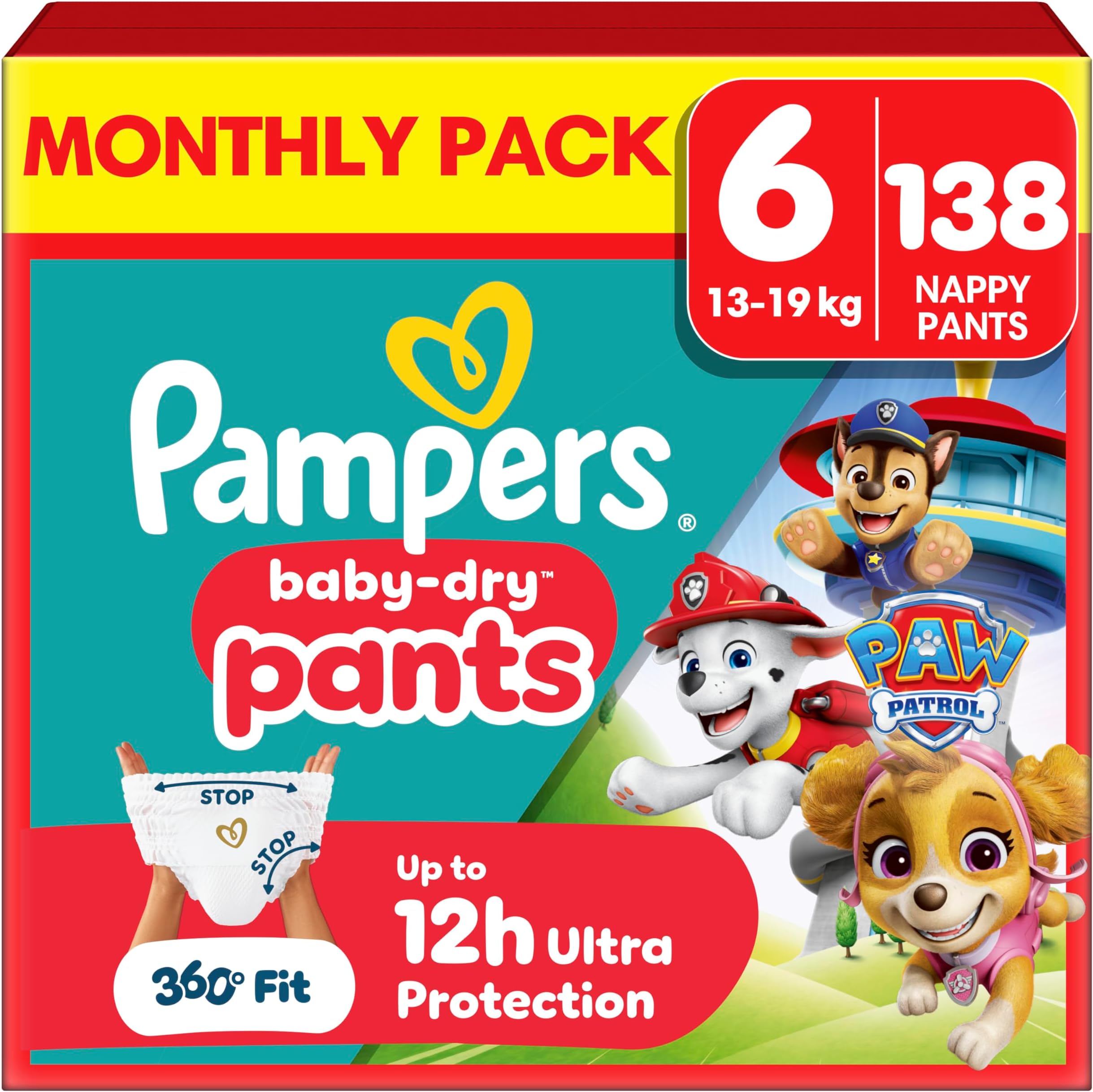 Baby-Dry Nappy Pants Paw Patrol Edition Size 6, 138 Nappies, 13kg-19kg, Monthly Pack, with Our 360° Pants Fit to Help Prevent Leaks