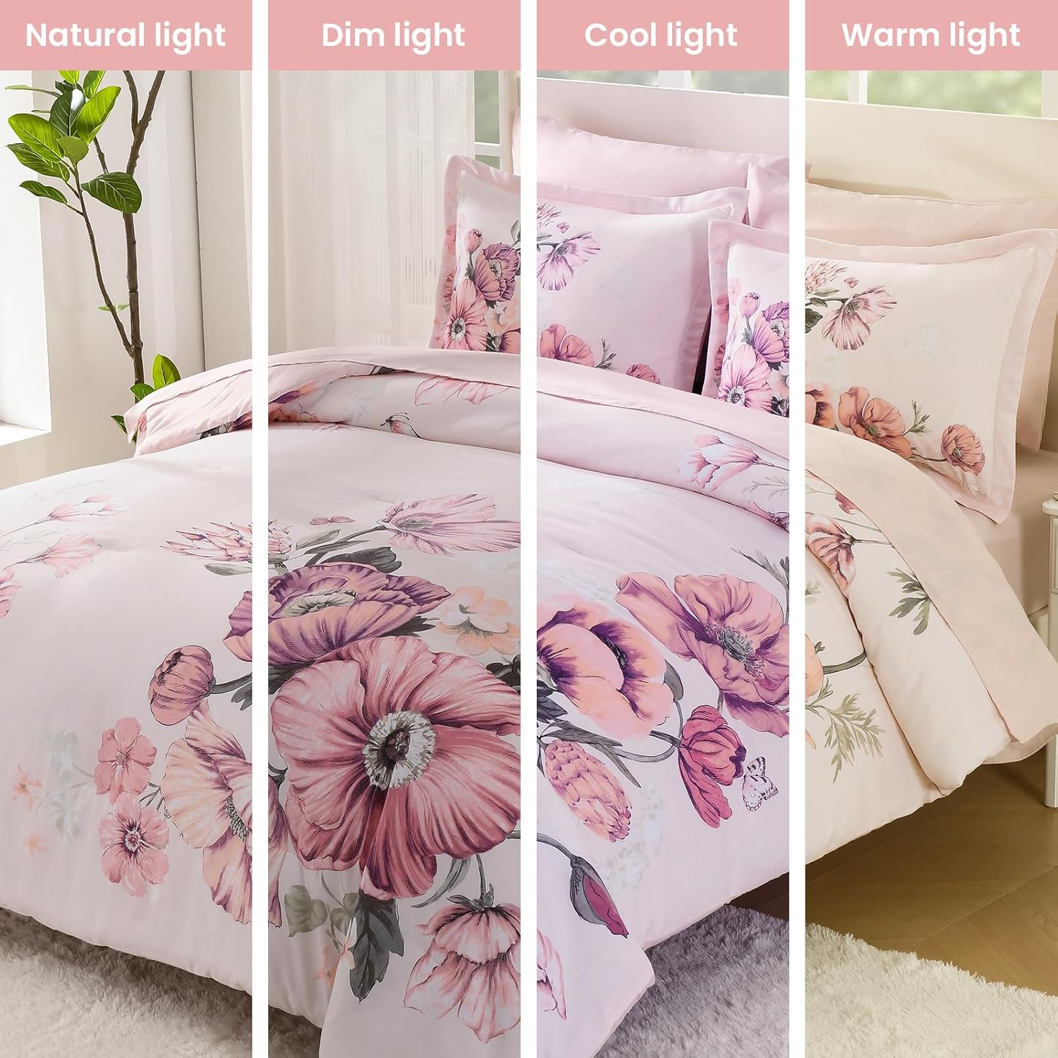 Queen Comforter Set - 7 Pieces Bed in a Bag Pink Floral Queen Comforter Set with Sheets, Soft Microfiber Flower Complete Bedding Set for All Seasons(Pink,90"x90") - Image 7