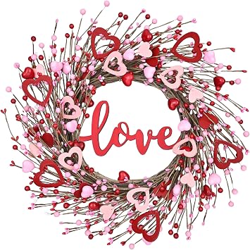 Waipfaru 20in Valentines Wreaths for Front Door, Valentine Wreath with Love Sign, Wreath with Red Wooden Heart Berries, Valentines Day Decorations