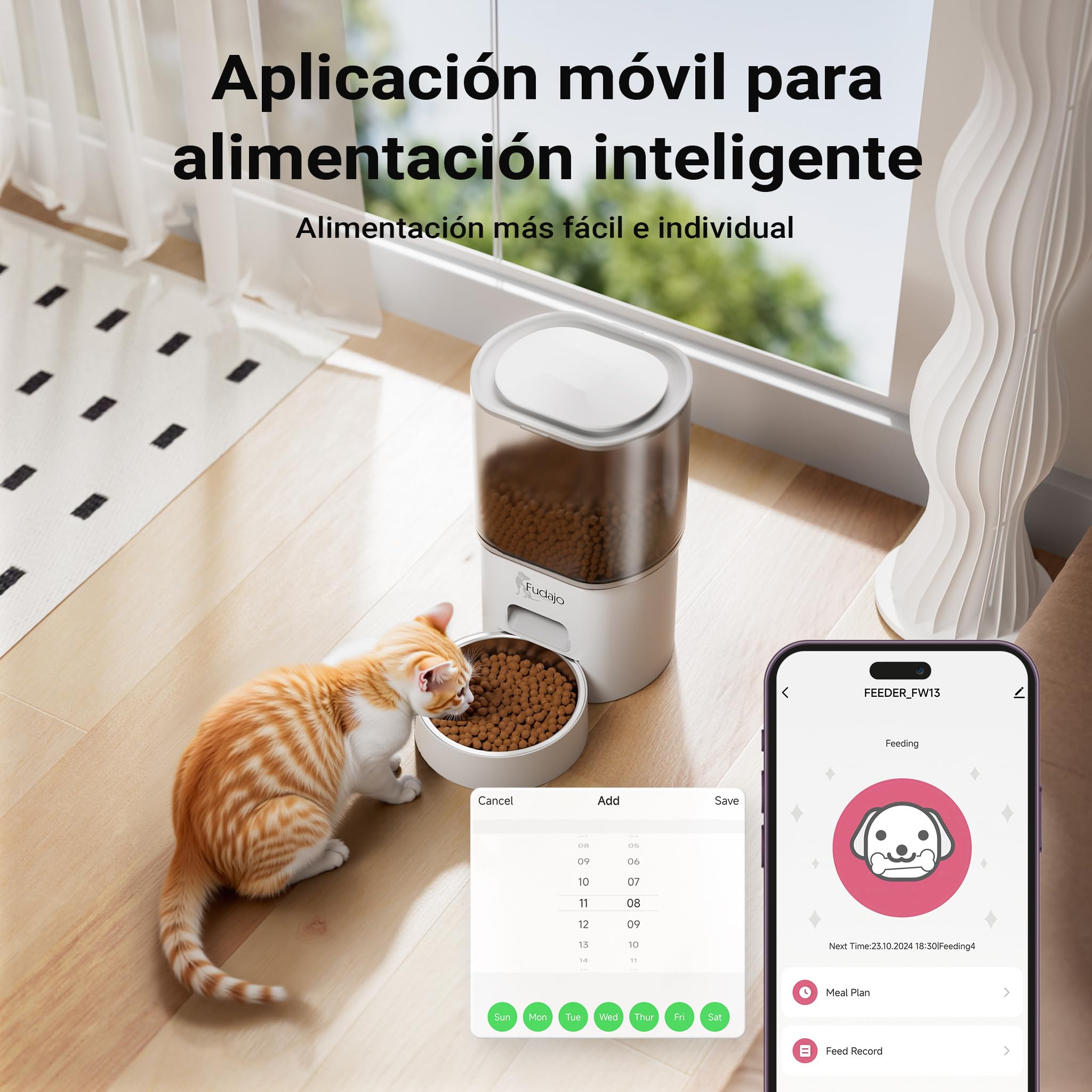 Fudajo Comedero y Bebedero Blanco automático para Mascotas 3L/2,5L Control por App. diseño Compacto, fácil de Limpiar, Ideal para Gatos y Perros dispensador de pienso y Fuente de Agua