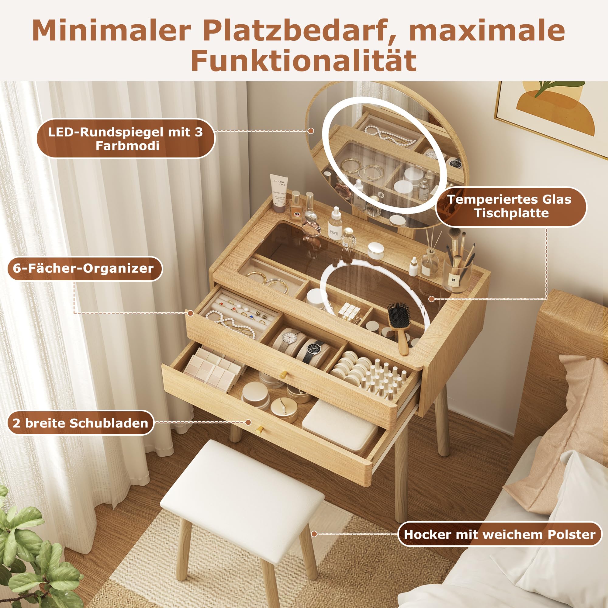 Pamapic Schminktisch, Schminktisch mit Verstellbarem LED Beleuchtung & Gepolstertem Hocker, Frisiertisch mit Sichtglasplatte Für Das Schlafzimmer, Natur