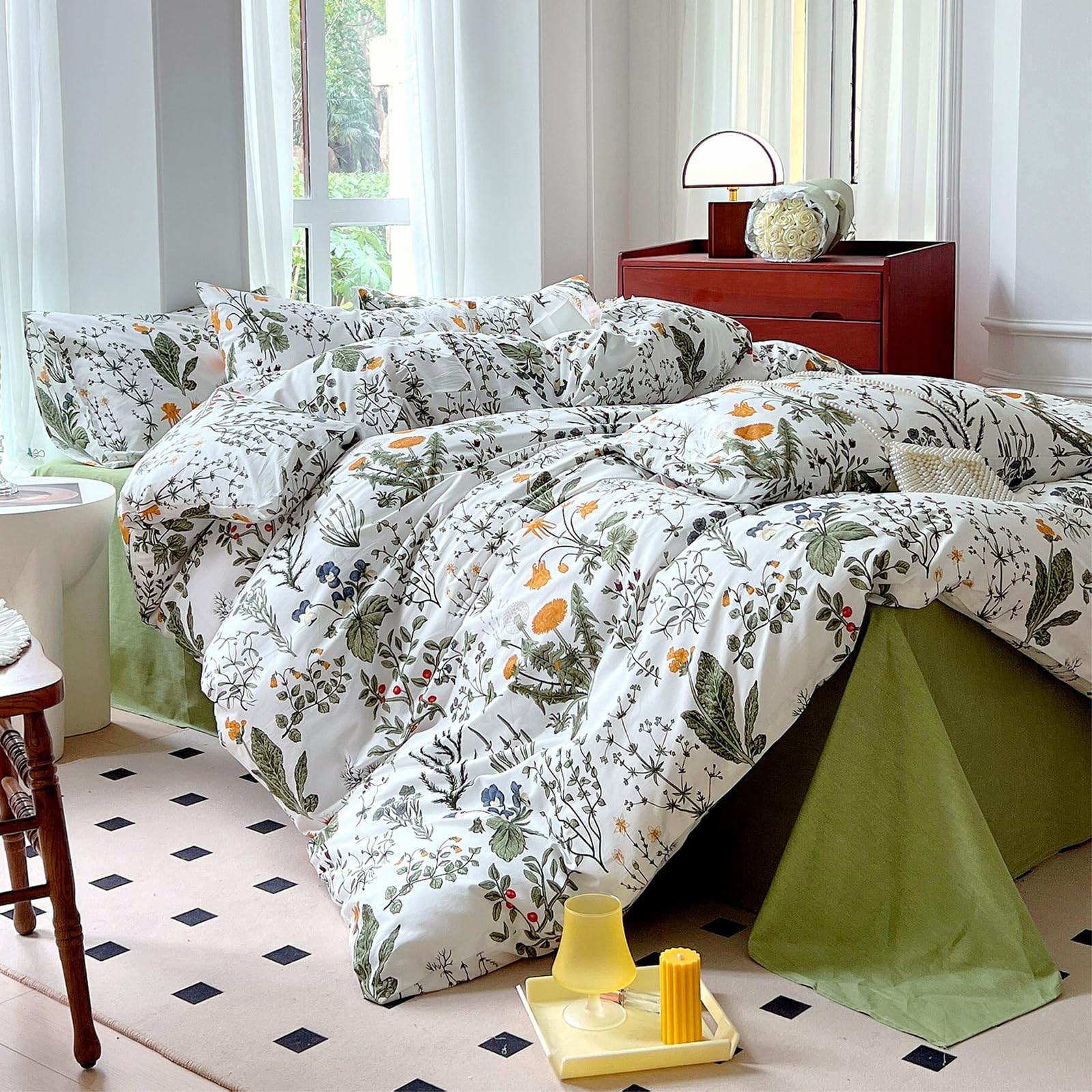 SexyTown Floral Comforter Set Queen,Sage Green Floral Bedding Cotton