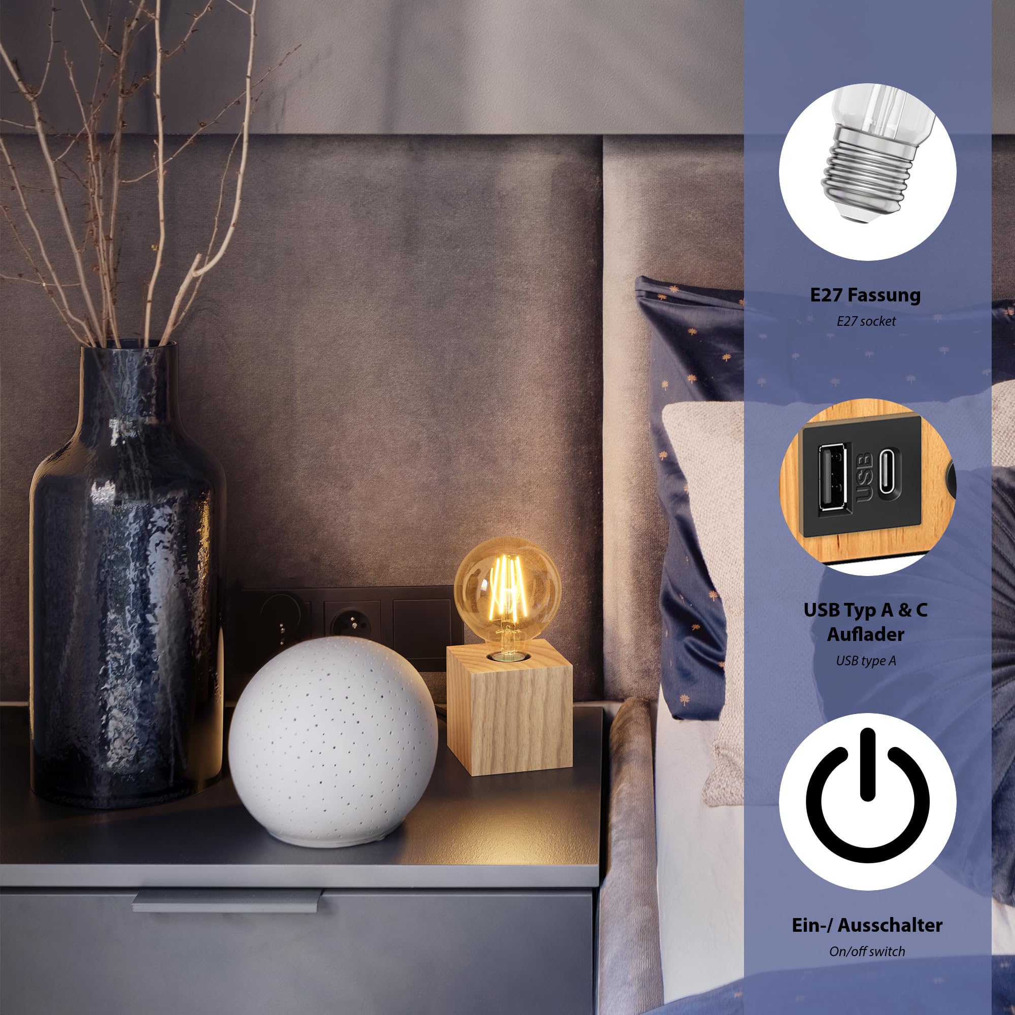 ledscom.de 2x Tischlampe HITO, Holz massiv, eckig, USB, inkl. E27 Lampe gold, 471lm, extra-warmweiß