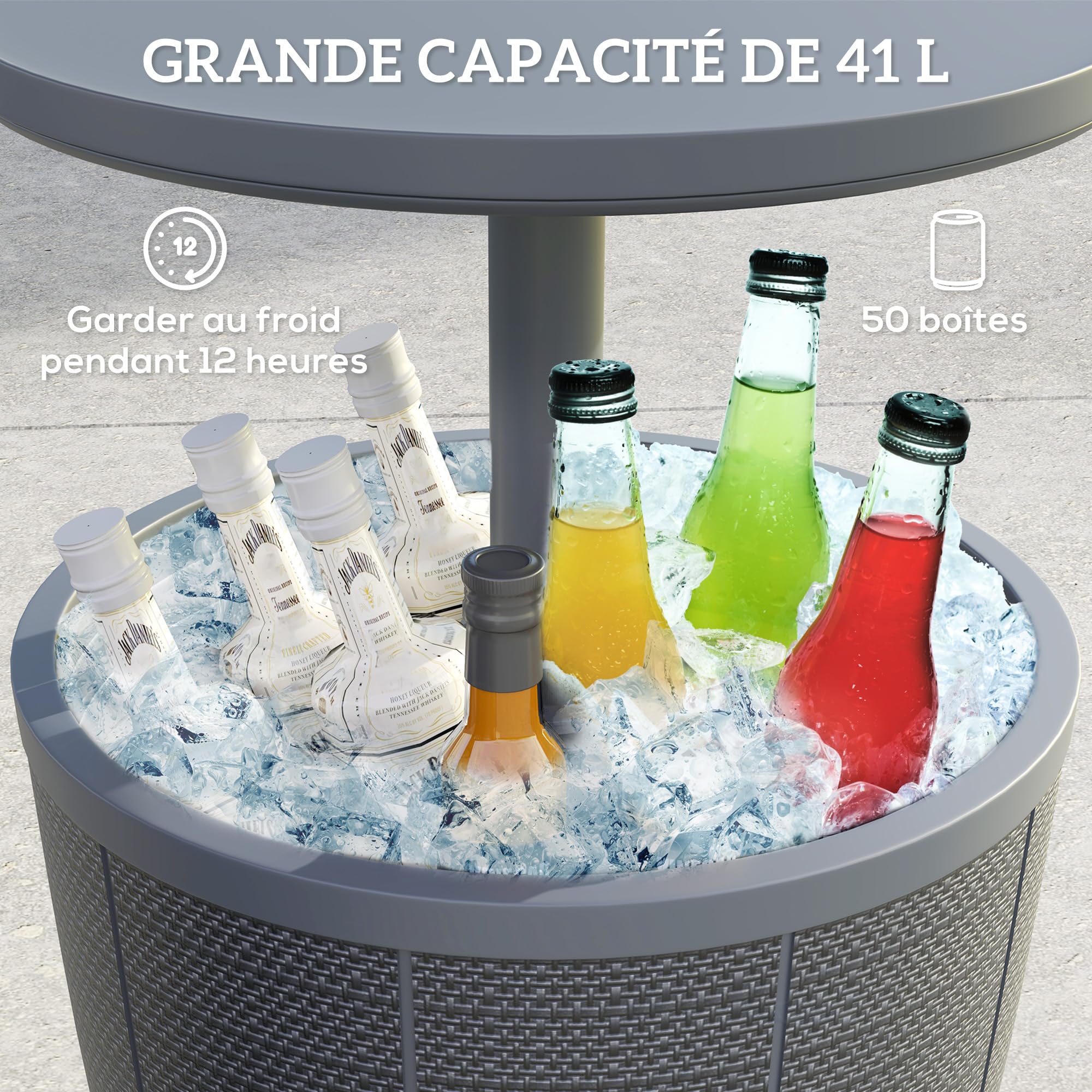 Outsunny Table à glacière 3 en 1, Table de Cocktail avec Seau à Glace, Plateau télescopique, Ø 49 x 58-84 cm, Gris