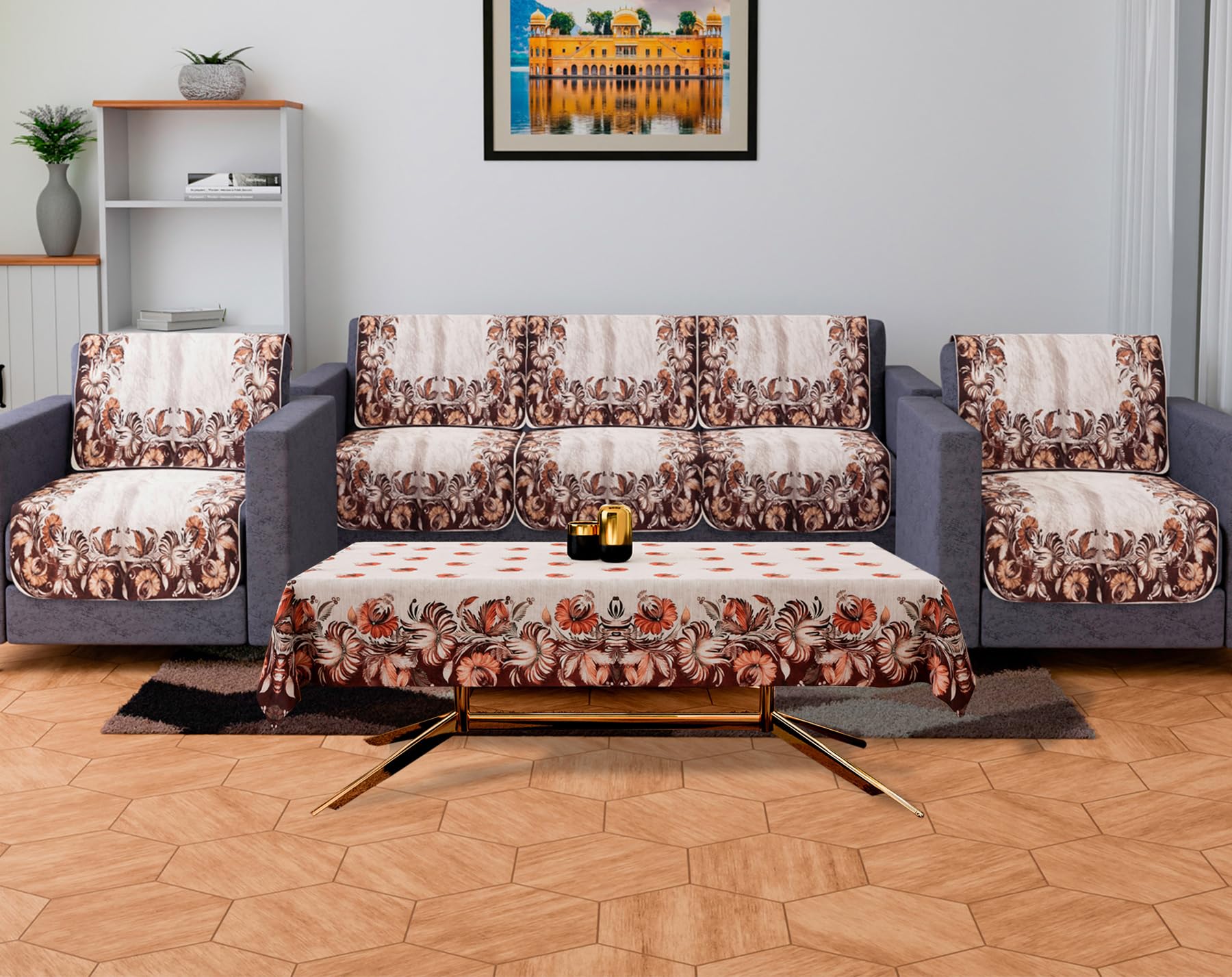 Kuber Industries Velvet 5 Seater Sofa & Table Cover Set For Living Room | Brown Flower Sofa Cover with Table Cover | Cream-image-36