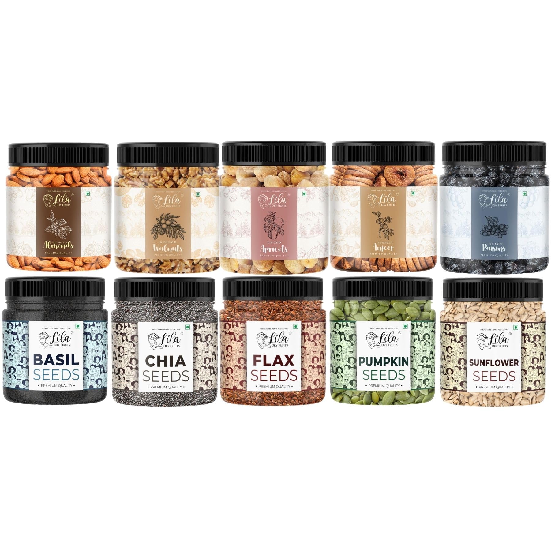 LILA DRY FRUITS Weight Management Combo Pack 10 in 1 (100g x 10) Nuts & Seeds Mix Almonds Walnuts Apricots Black Raisins Anjeer Chia Flax Pumpkin Sunflower Basil Seeds Superfood Daily Healthy Snack
