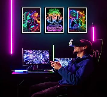 3Pcs Cool Gaming Wall Art Retro Video Gamer watercolor Posters Pictures Colorful Neon Gamepad Canvas Painting Prints for Boys Room Kids Gamer Room Bedroom for Boys Home Decoration 12x16in