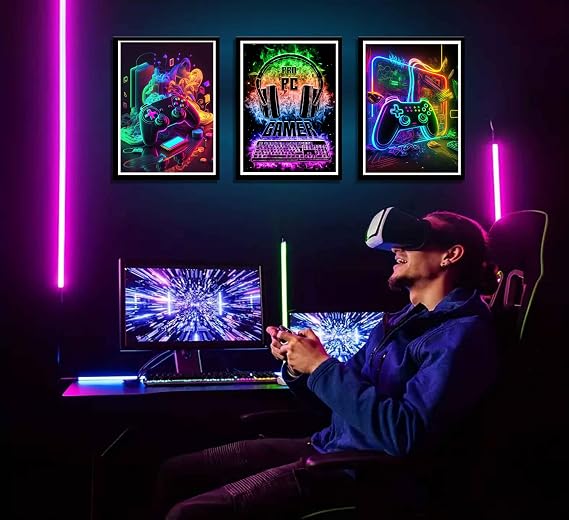 3Pcs Cool Gaming Wall Art Retro Video Gamer watercolor Posters Pictures Colorful Neon Gamepad Canvas Painting Prints for Boys Room Kids Gamer Room Bedroom for Boys Home Decoration 12x16in