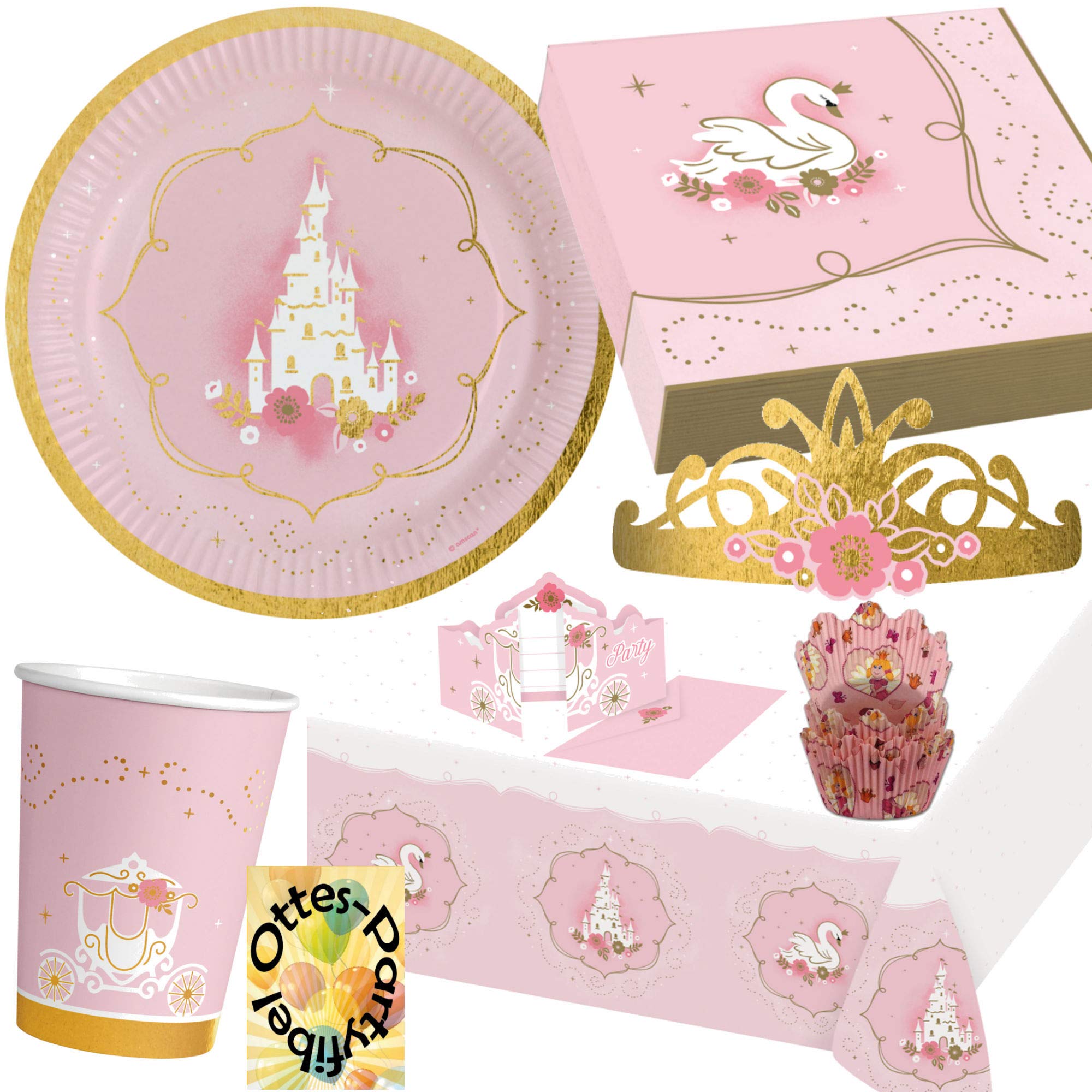 HHO Prinzessin-Party-Set Princess-Party-Set 130tlg. für 16 Gäste Teller Becher Servietten 2 Tischdecken Einladungen Muffinförmchen Tiaras