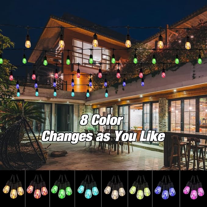 Luces de Cadena RGB LED 48FT Exterior, 15 Bombillos Edison, Control Remoto miniatura 3