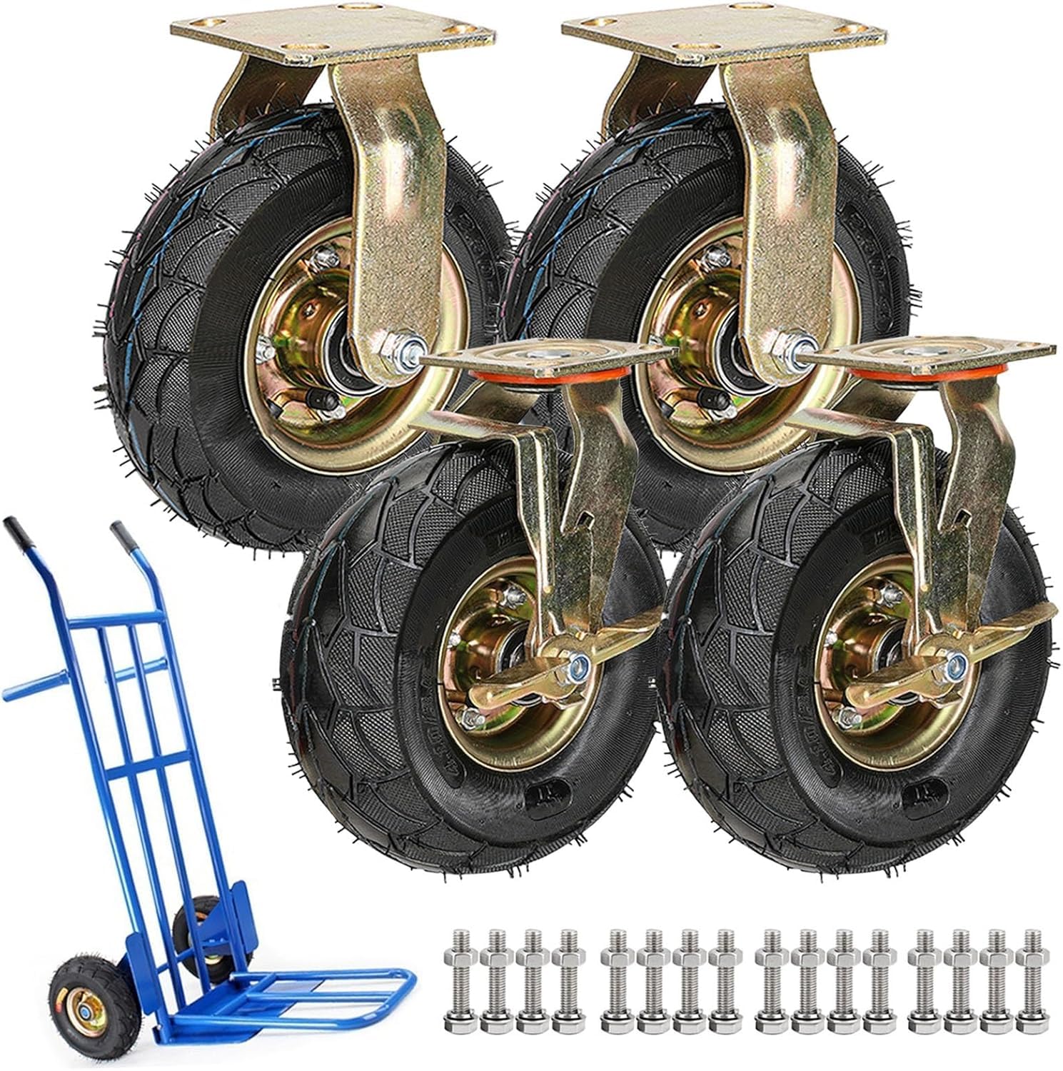 GBRJUYF Heavy Duty Swivel Caster Wheels 8" & 10" 4pcs Industrial Air Filled Tires with Double Ball Bearings Fixed & Brake for Workbench 200mm/8inch