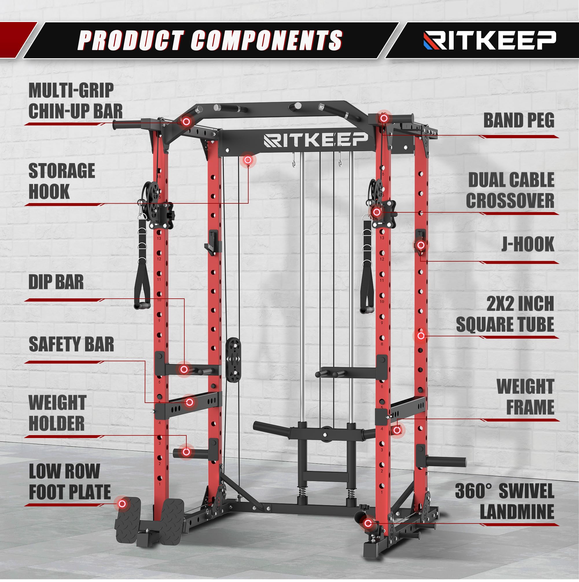 RitKeep M10 Multi-Functional Power Rack - 5 in 1 Power Rack with Pulley System and Cable Crossover, Squat Rack for Home Gym Workout Racks (Red with RAB-2000, 700 LB Barbell)