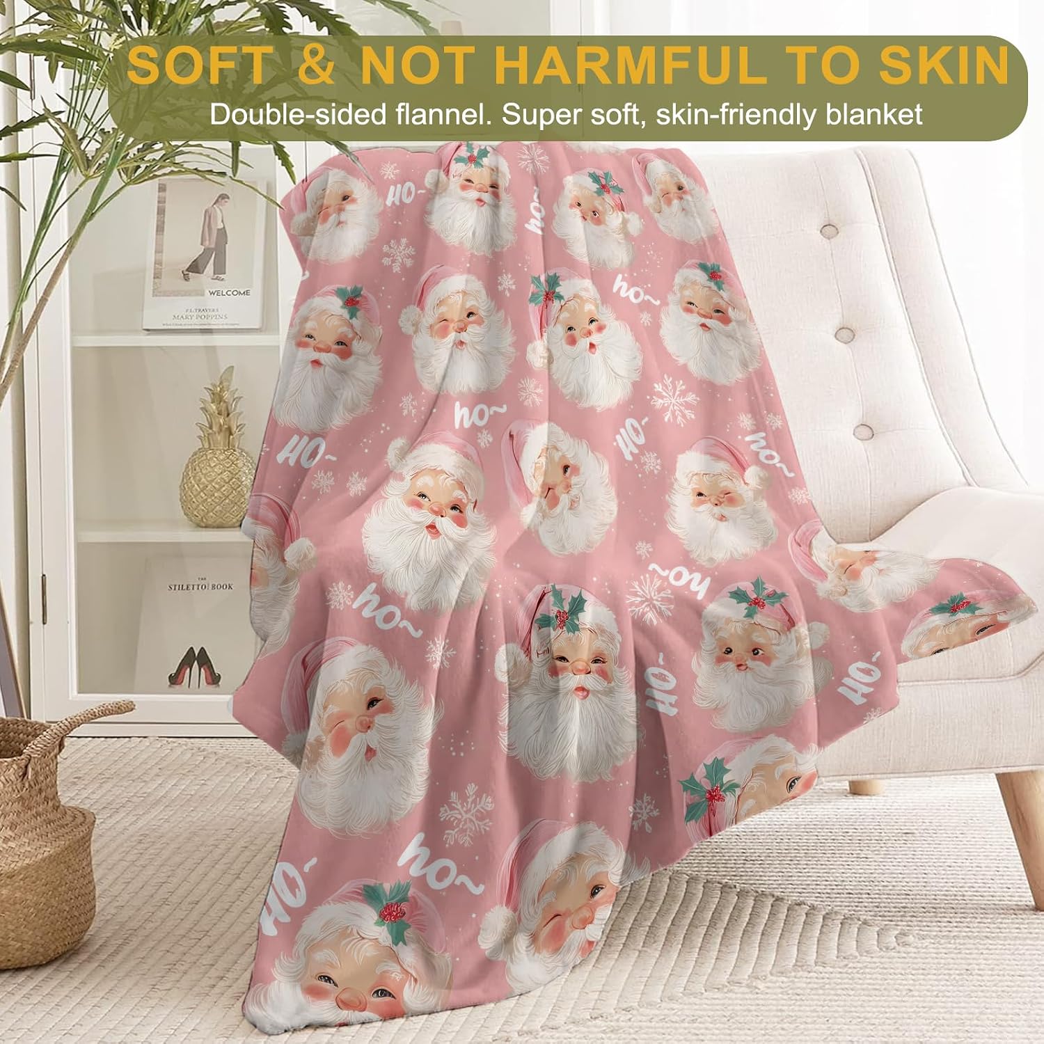 Christmas Decorative Blanket, Vintage Santa Face and Snowflake Print Throw Decoration, Soft Flannel Winter Blankets for Couch Bed Sofa, Holiday Home Decor, Xmas Festival Gifts Pink 50x60 Inch