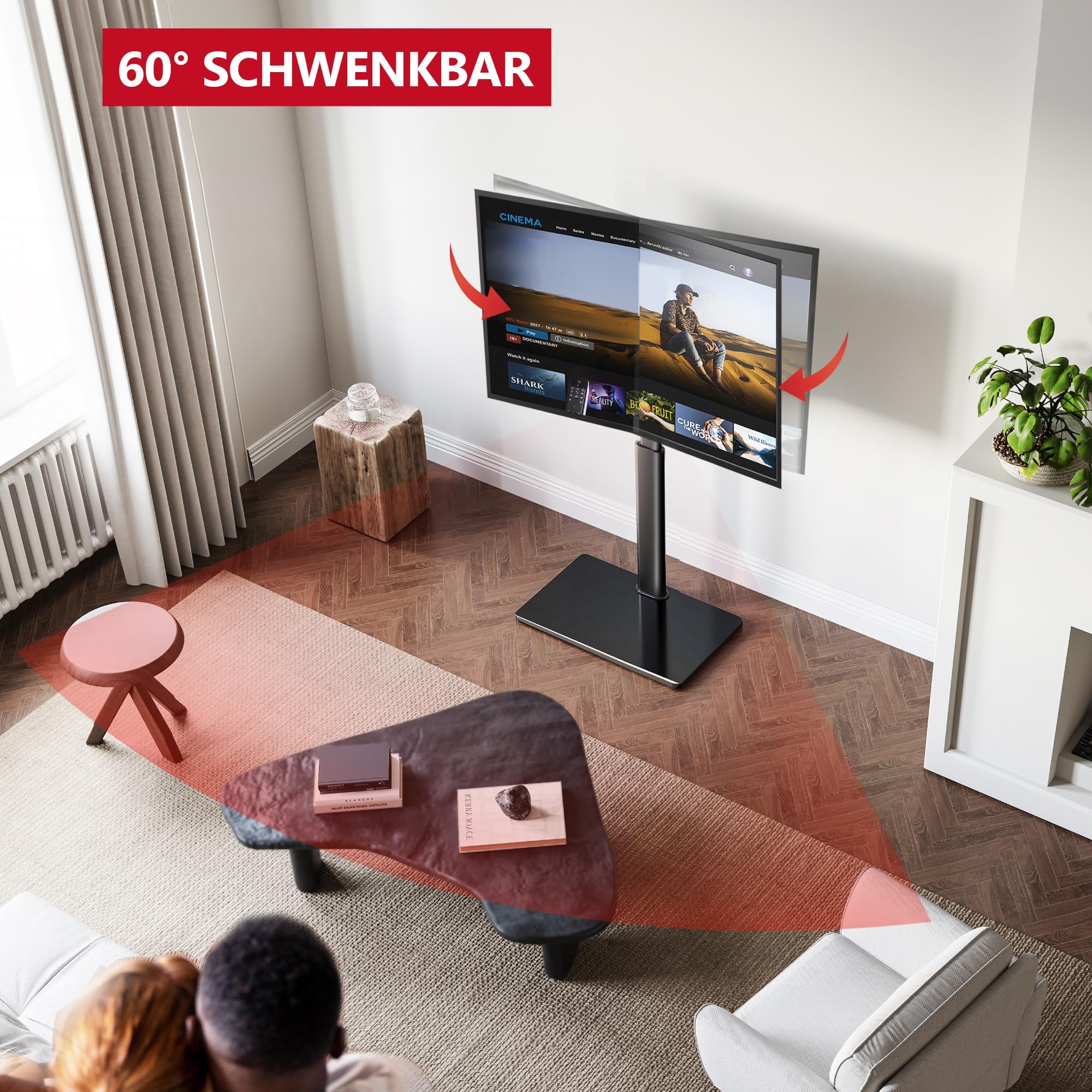 AOKCOS TV Ständer Bodenständer Höhe 1350mm für 32-55 65 70 Zoll Fernseher, Neigbar & Schwenkbar & Höhenverstellbar Fernsehständer, Universal TV Standfüße Standfuss Max VESA 400x400mm 40KG (Schwarz)