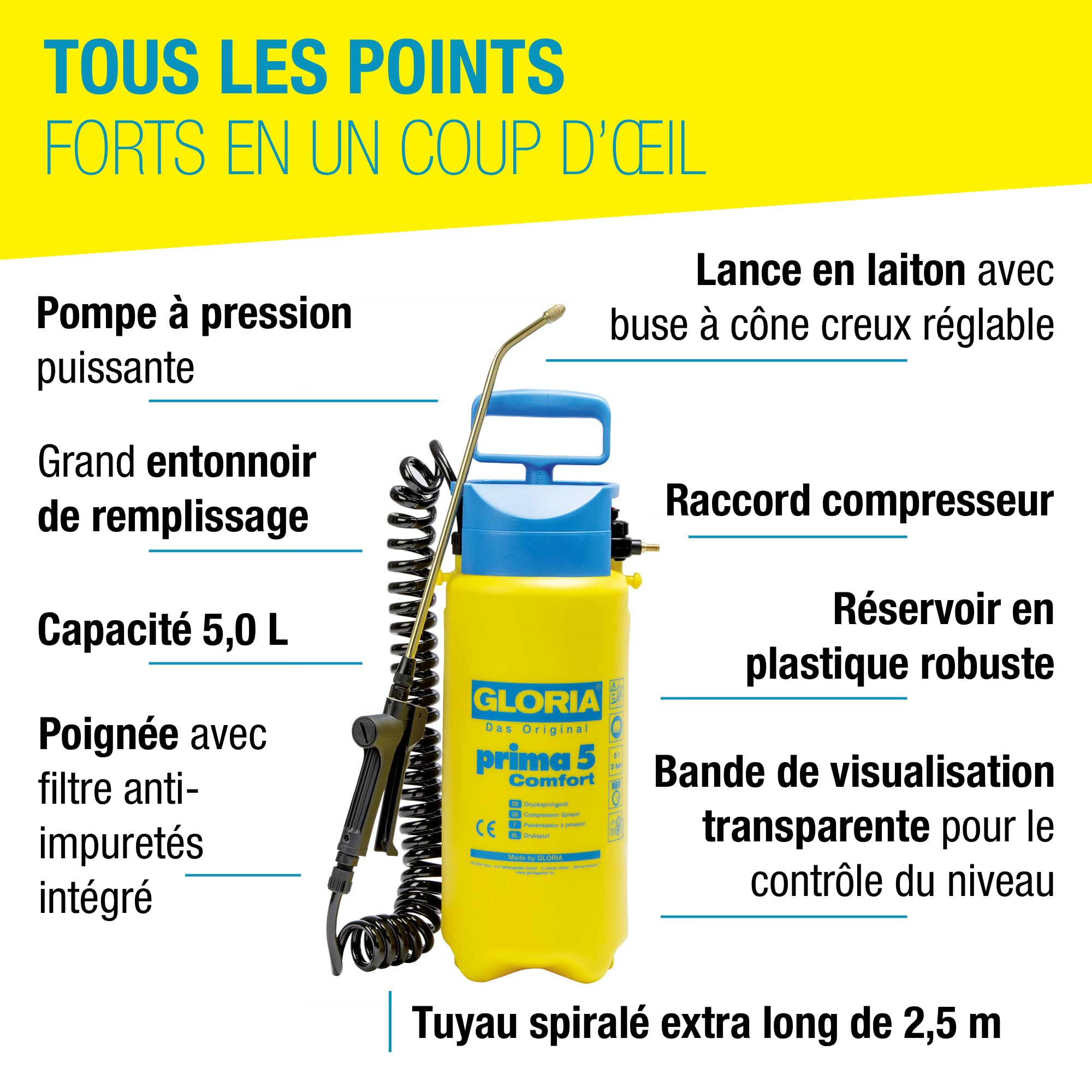GLORIA Pulvérisateur de Jardin Prima 5 Comfort | Pulvérisateur à Pression 5 L | Tuyau spiralé 2,5 m & raccord compresseur | Désherbage, traitements & Engrais