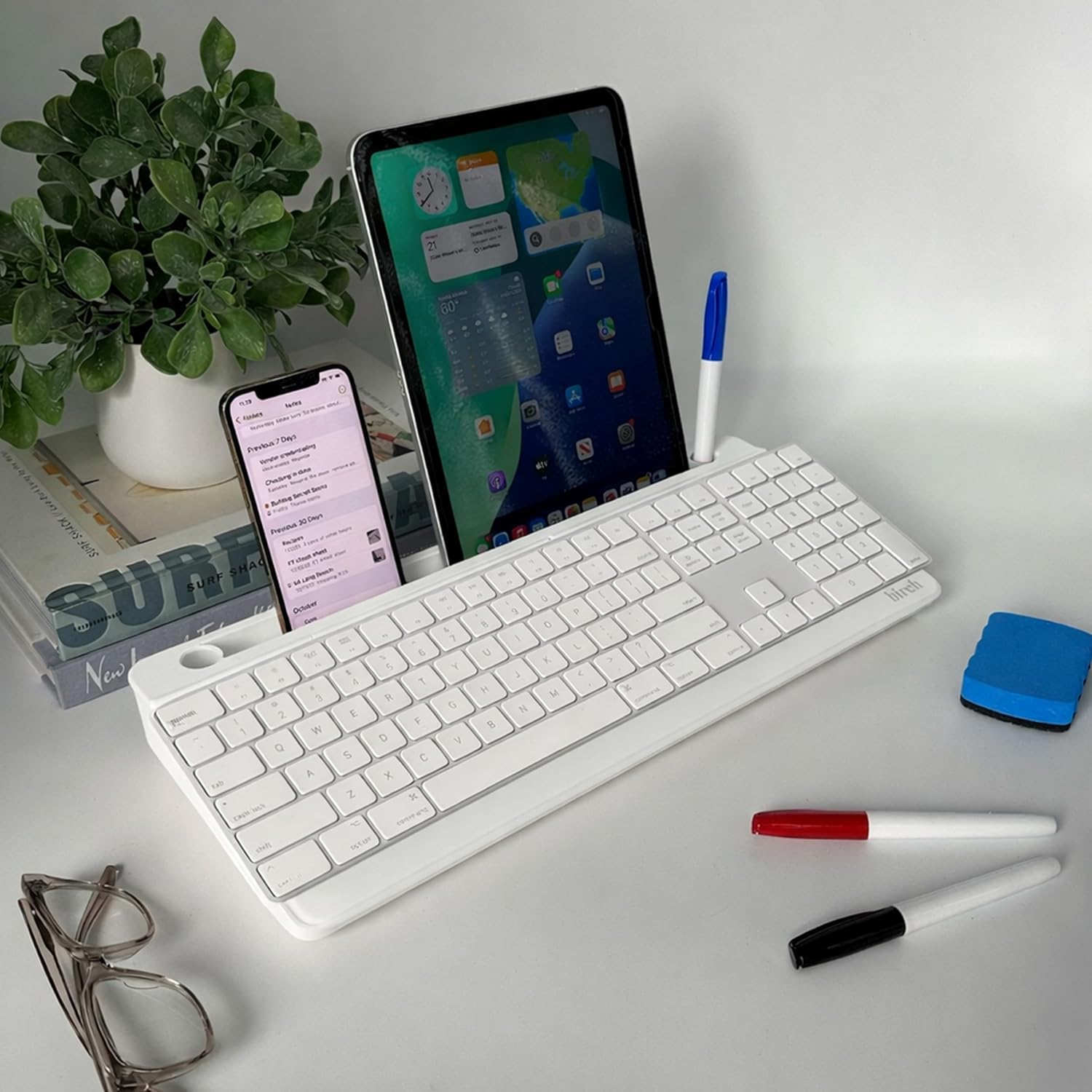 Birch Small Desktop Glass Whiteboard & Magnetic Calendar – Dry Erase Desk Pad Keyboard Stand with Storage, Adjustable Dividers, 3 Markers & Eraser – Office, Home & School (Cloud)