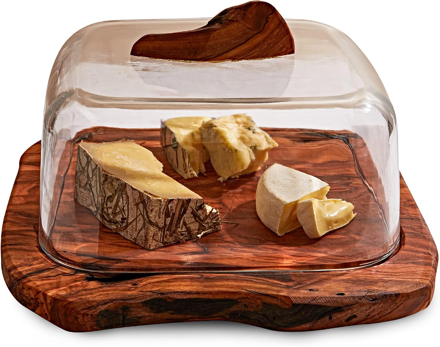 Formaticum Olive Wood w/Glass Dome Cheese Board - Charcuterie, Platters for Serving Food, Bread, Cake - Unique Idea Housewarming Gift for New Home, Wedding Gifts for Couple, Cool Bridal Shower Gift