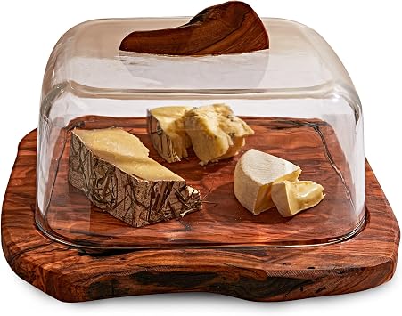 Formaticum Olive Wood w/Glass Dome Cheese Board - Charcuterie, Platters for Serving Food, Bread, Cake - Unique Idea Housewarming Gift for New Home, Wedding Gifts for Couple, Cool Bridal Shower Gift