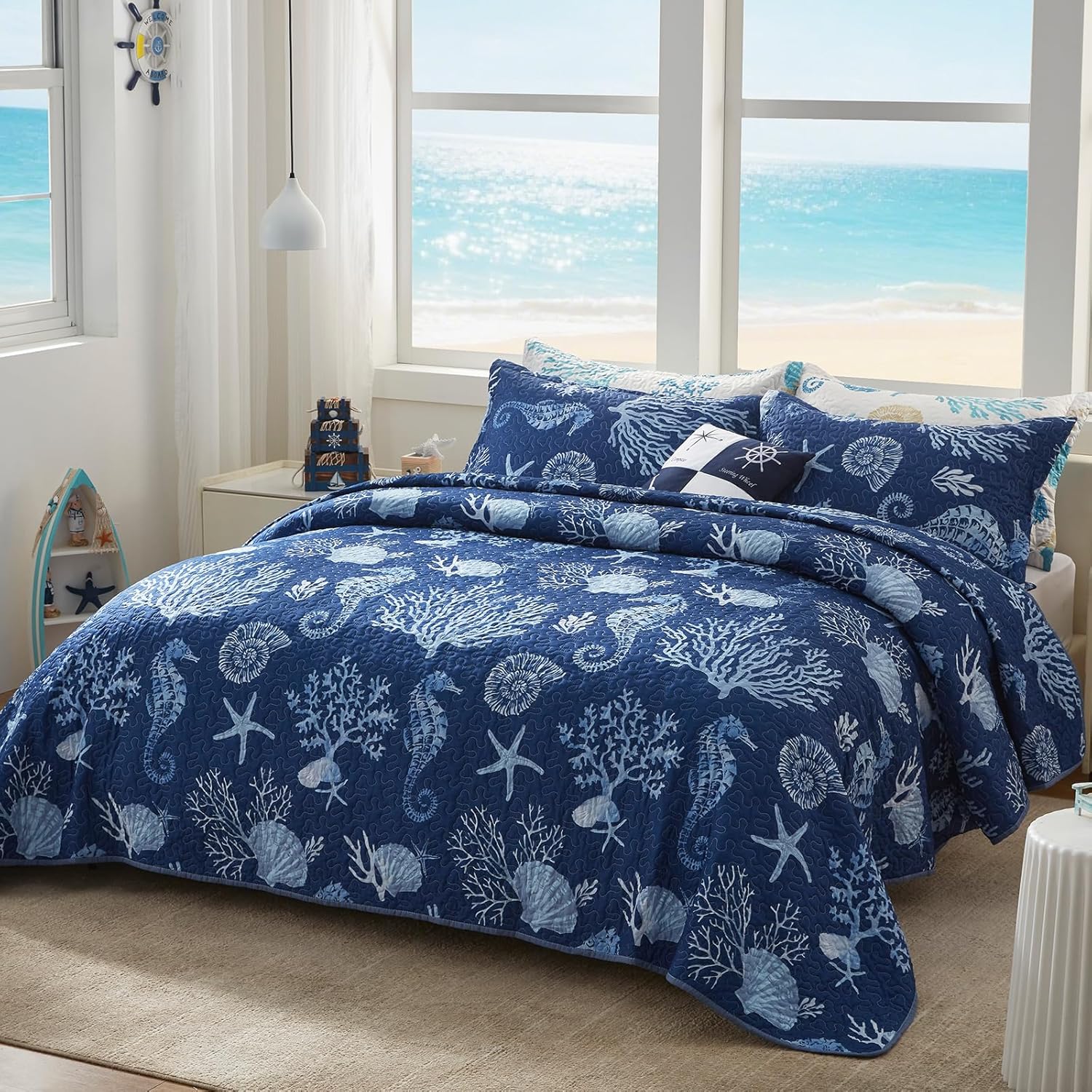LEAONME Coastal Quilt Set Full/Queen Size - Lightweight Microfiber Reversible Bedspread, 90''x98'', Navy, Includes 2 Shams - Image 2