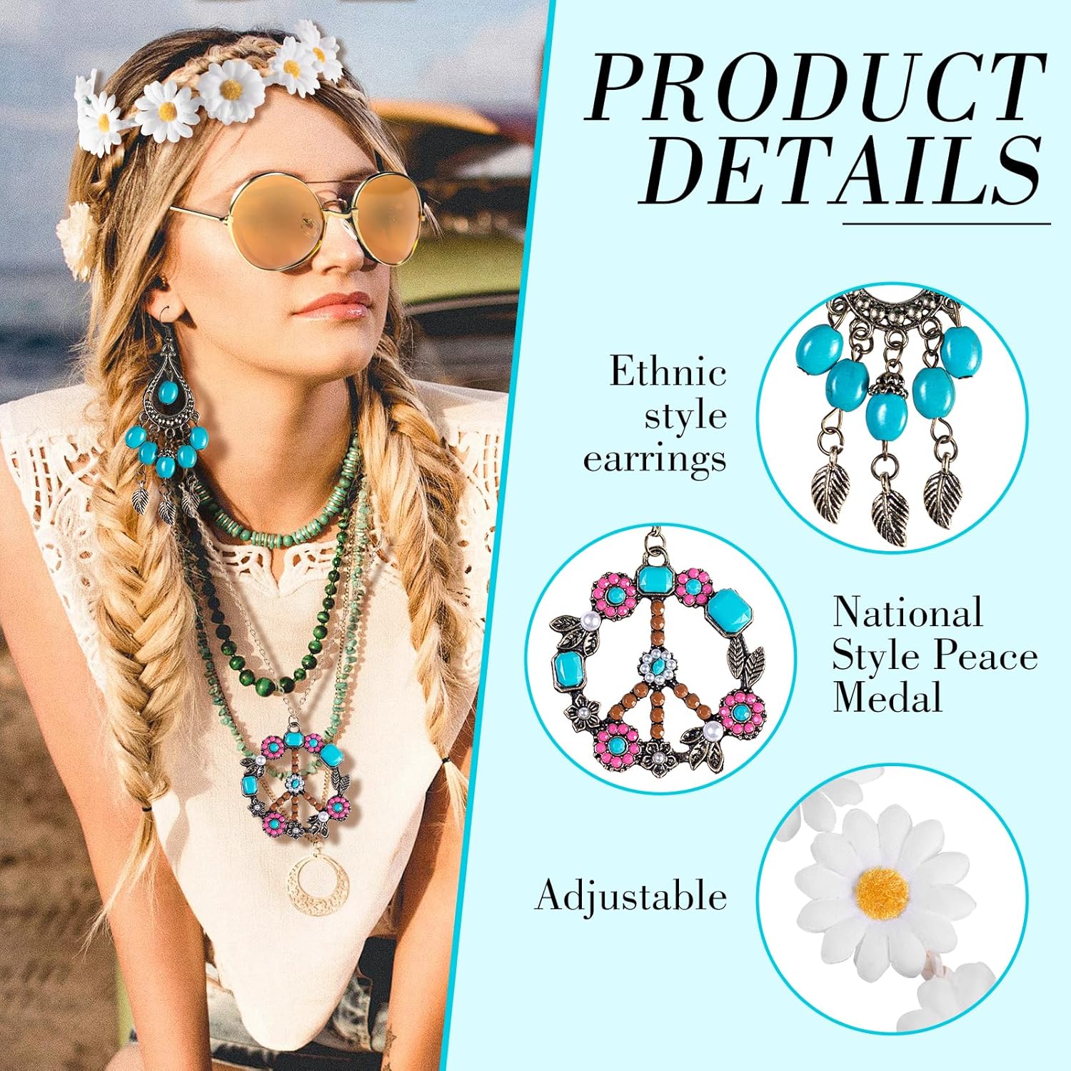 Hippie Costume Accessory Set Include Sunglasses, Headband, Peace Sign Necklace and Earring 60s 70s Outfits for Women Men Family Friends Gifts Hippie Party Decorations - Image 3