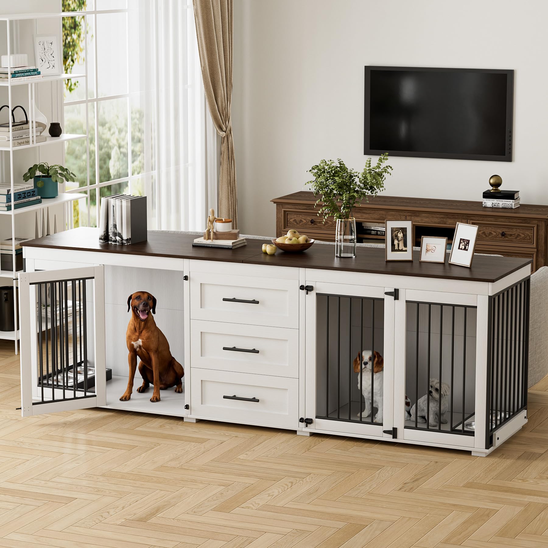 OUYESSIR 94.5" Large Dog Crate Furniture for 2 Dogs, Double Wooden Dog Kennel Furniture with 4 Dog Bowls & 3 Drawers, Heavy Duty Indoor Furniture